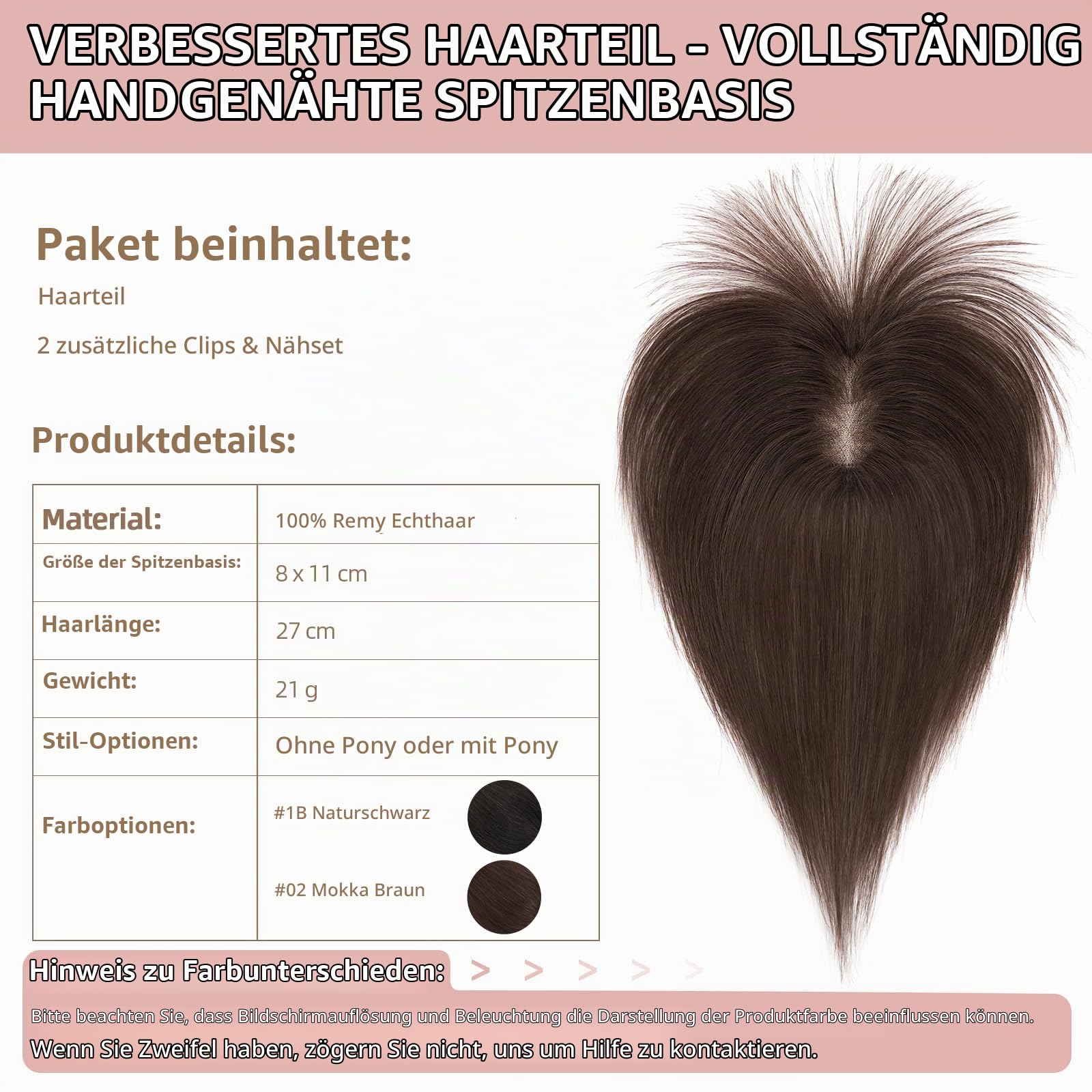 Silk-co Hair Topper Echthaar 21g, 8x11cm handgebunden Basis Toupet Damen, Clip in Haarteile mit Spitzen-Seidenbasis, mit Pony, 27cm #02 Dunkelbraun