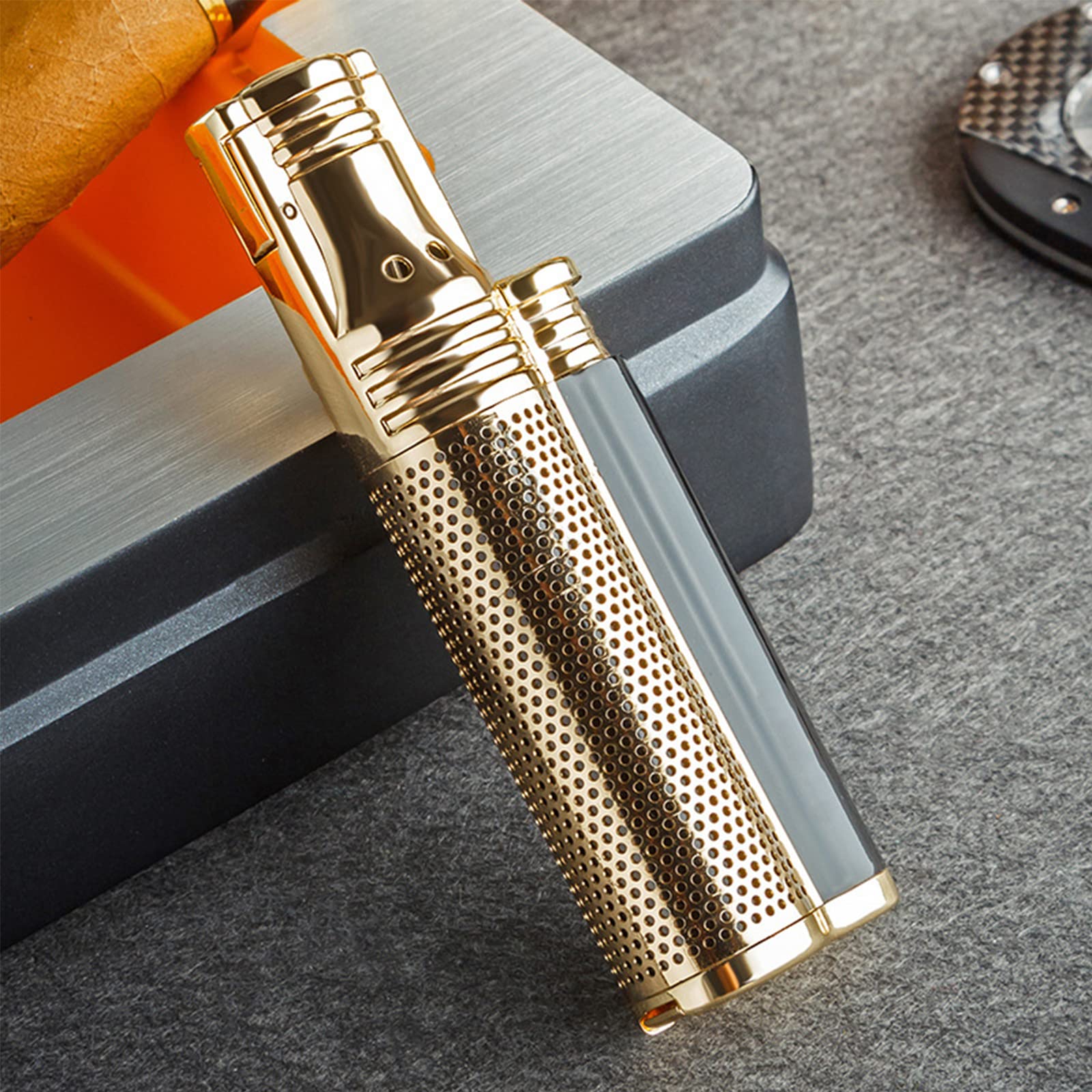 Metal a Prueba de Viento Gas Butano con Punzón Encendedor de Cigarros Jet Butano Gas Fumar Antorcha Encendedor Ajustable y Portátil Gadget para Hombres