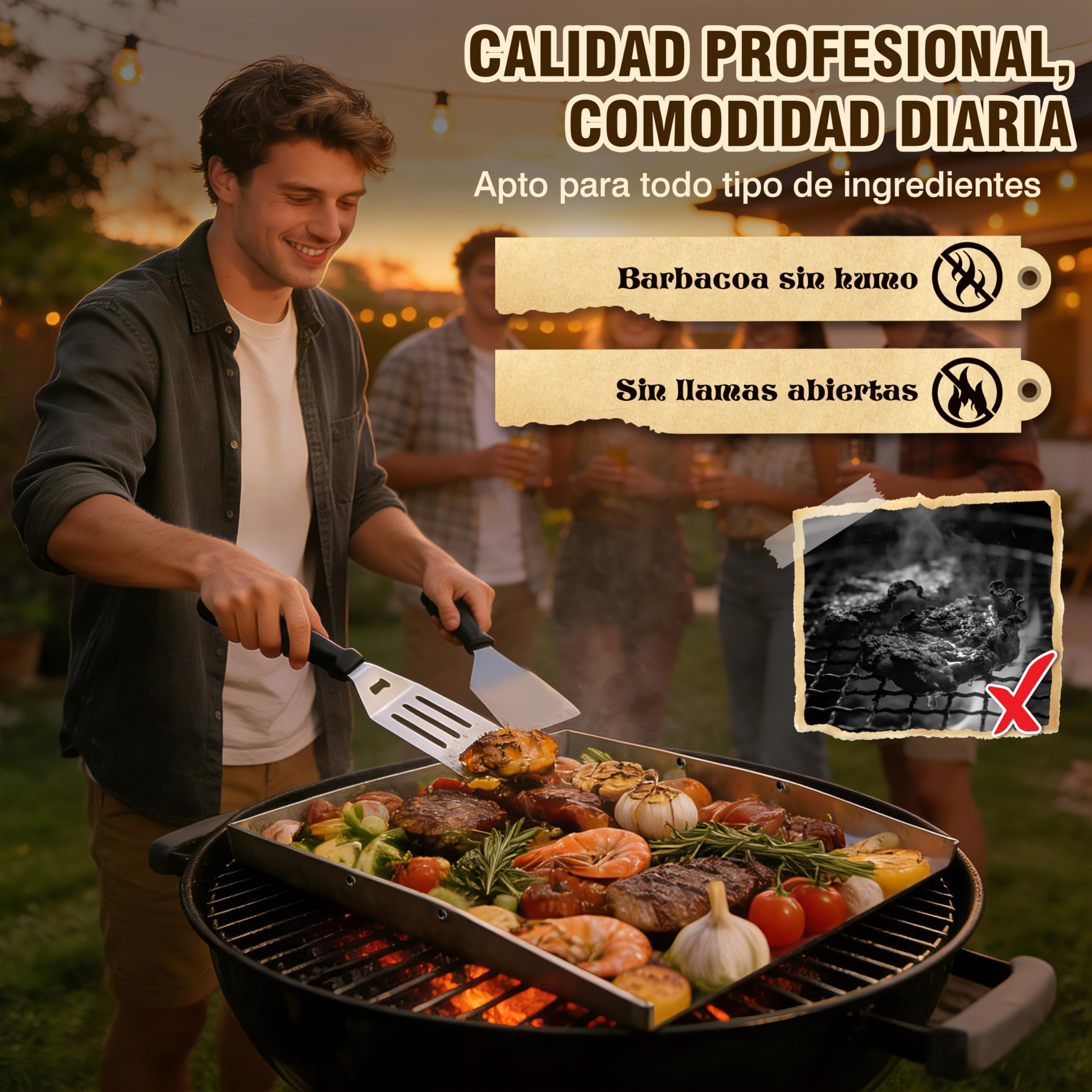 JONRRYIN Plancha de Acero Inoxidable 40 x 30 cm, Plancha Barbacoa con 2 Espátula, Mango Desmontable, Adecuado para Barbacoa de Gas y Barbacoa de Carbón (Tres aristas)