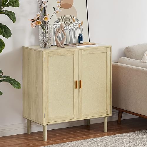 Miniatura 1 de Rophefx Armario de bufé aparador, armario de almacenamiento de cocina de 2 niveles con puertas decoradas de tela, gabinete de madera de 2 puertas