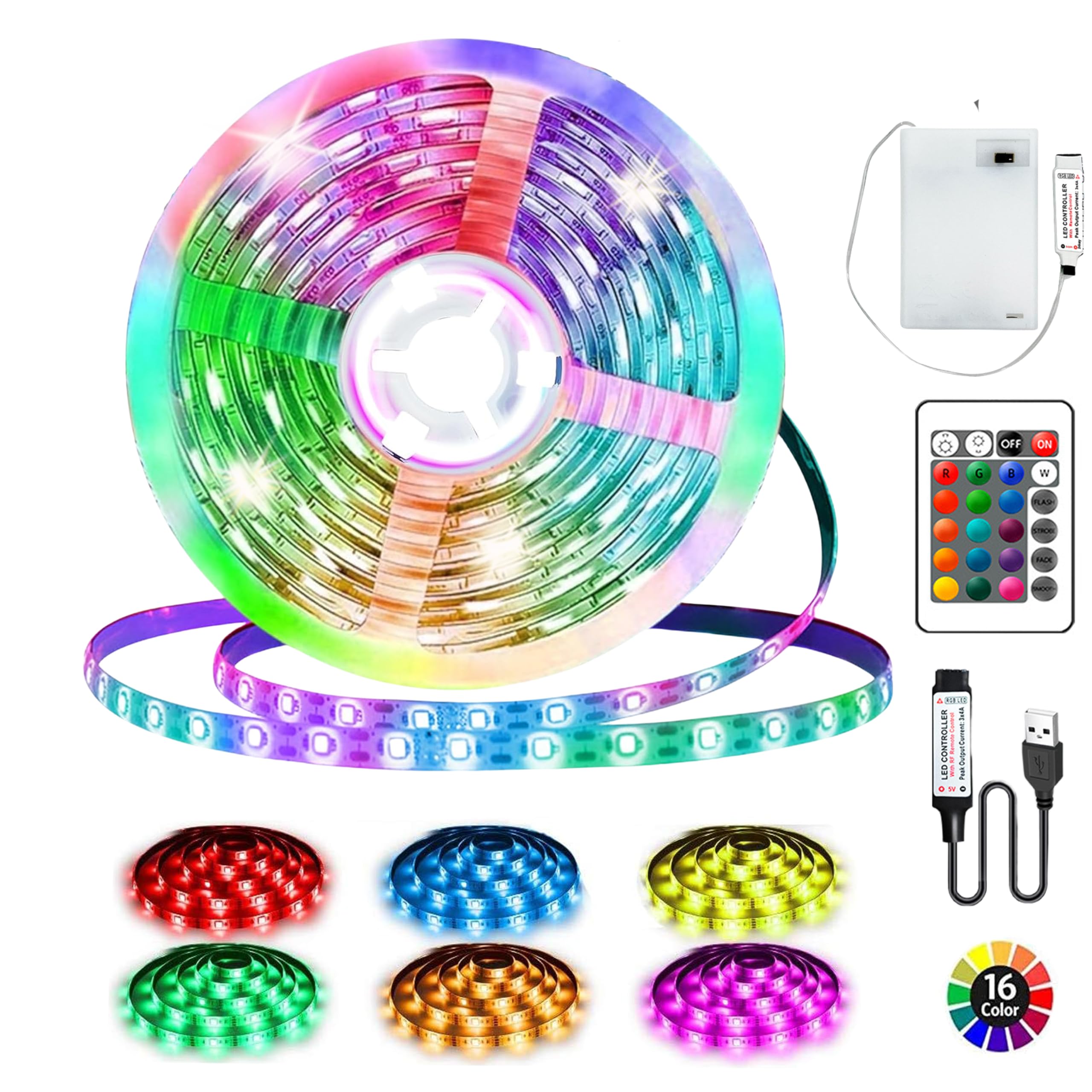 LED Streifen Batterie, 3 Meter 90LED Strip RGB 5050, Streifen Batteriebetriebene oder USB mit Ferndimmbar 16-Farben,Schneidbar für TV Hintergrundbeleuchtung,Schlafzimmer zu Hause,Schränke,Party Deko