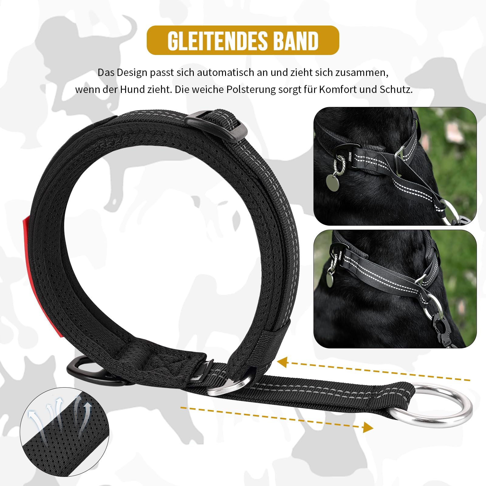 OneTigris Zug-Stopp Hundehalsband, Weich Gepolstert Breites Hundehalsband mit Reflektierend für Mittelgroße und Große Hunde, Schwarz M