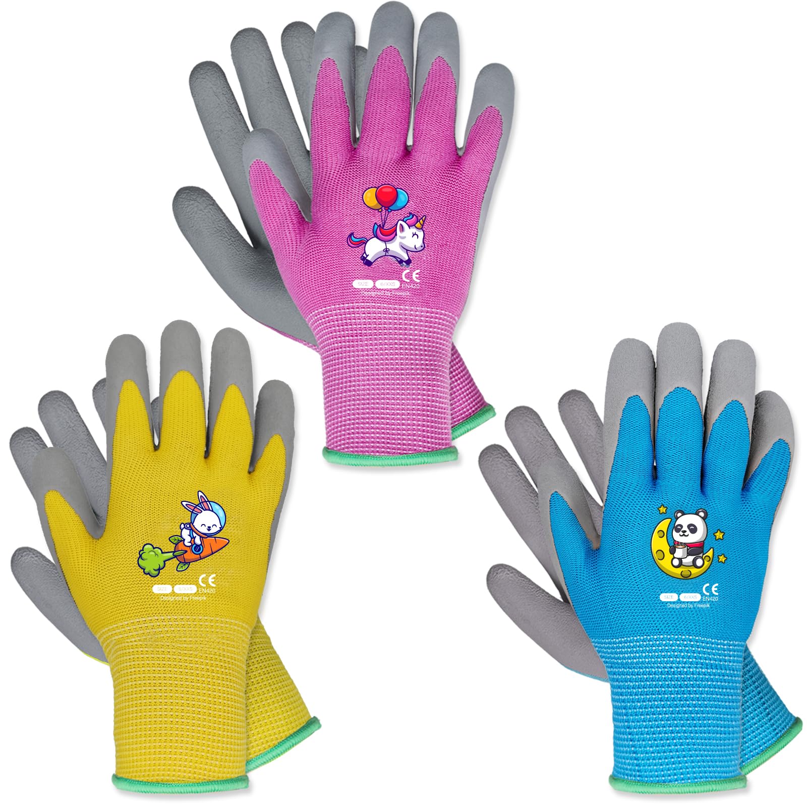 KDK Gants de jardinage pour enfants de 8 à 10 ans, gants de travail pour enfants, gants de sécurité en caoutchouc doux (3 paires grandes, jaune, bleu clair et rose)