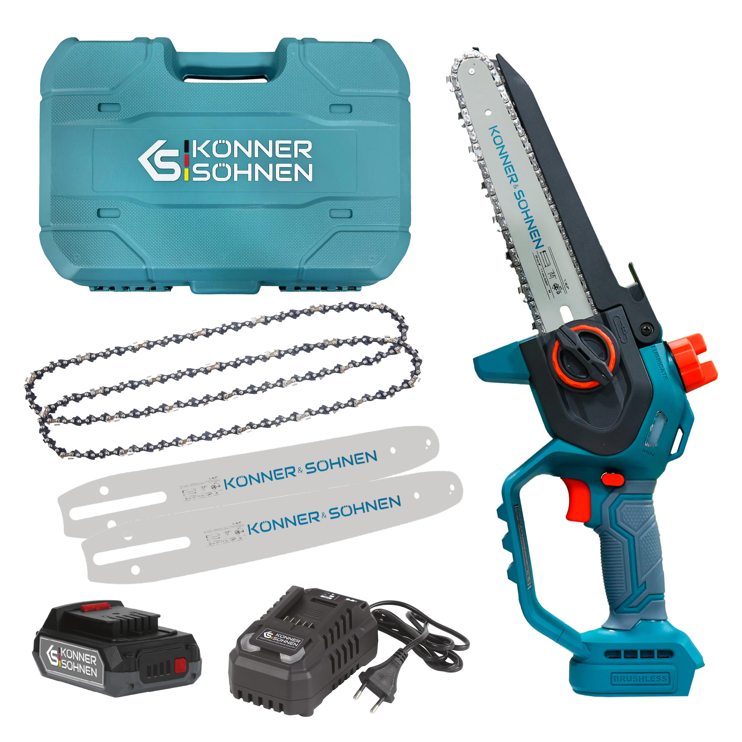 K&S Könner&Söhnen KS MCS20V-8 Case akumulatorowa mini piła łańcuchowa z mieczem 8", elektryczna ręczna piła łańcuchowa z automatycznym smarowaniem łańcucha, jednoręczna piła akumulatorowa z ładowarką