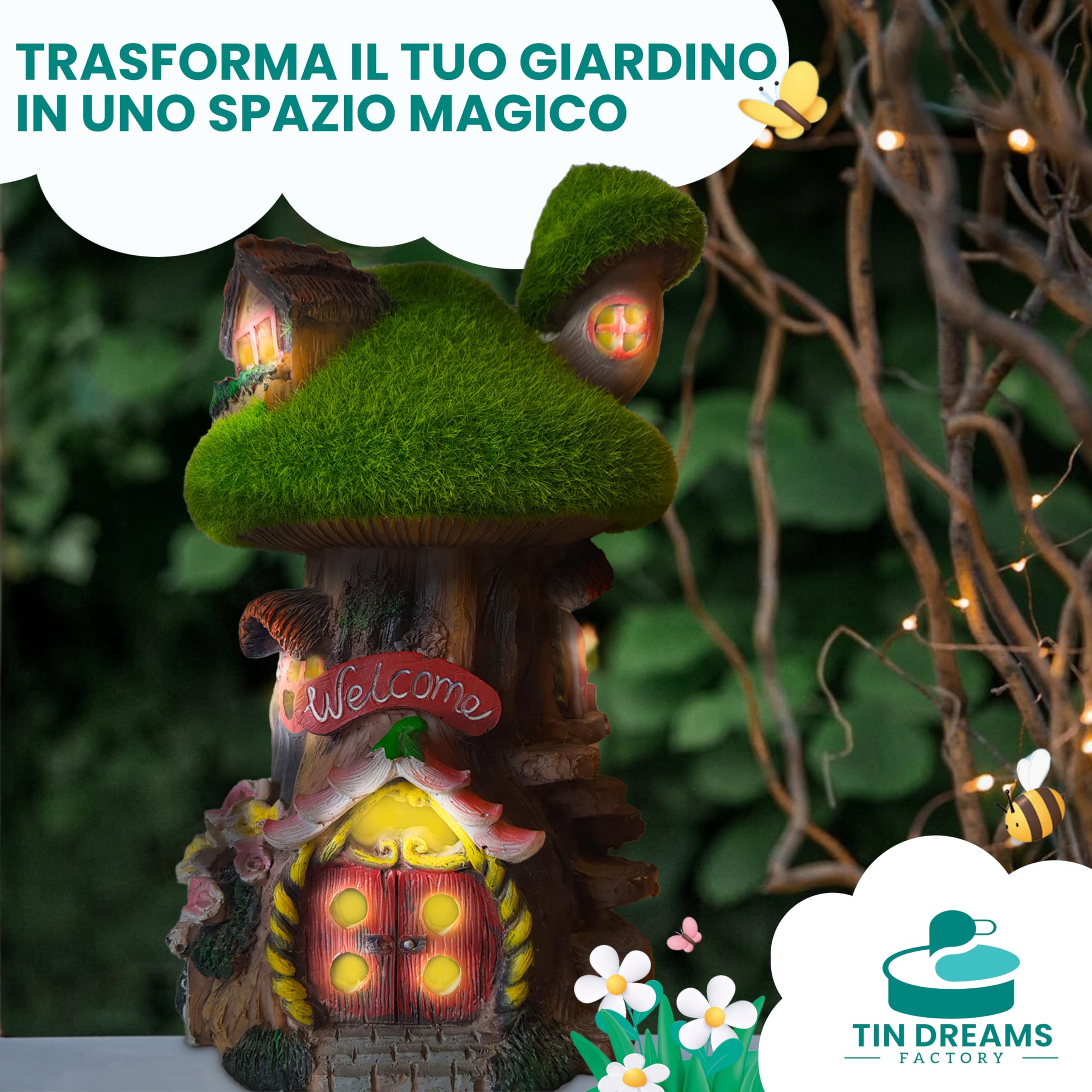 Fairy Tree House Casetta Fate Giardino Luce Solare Resina Decorazione LED