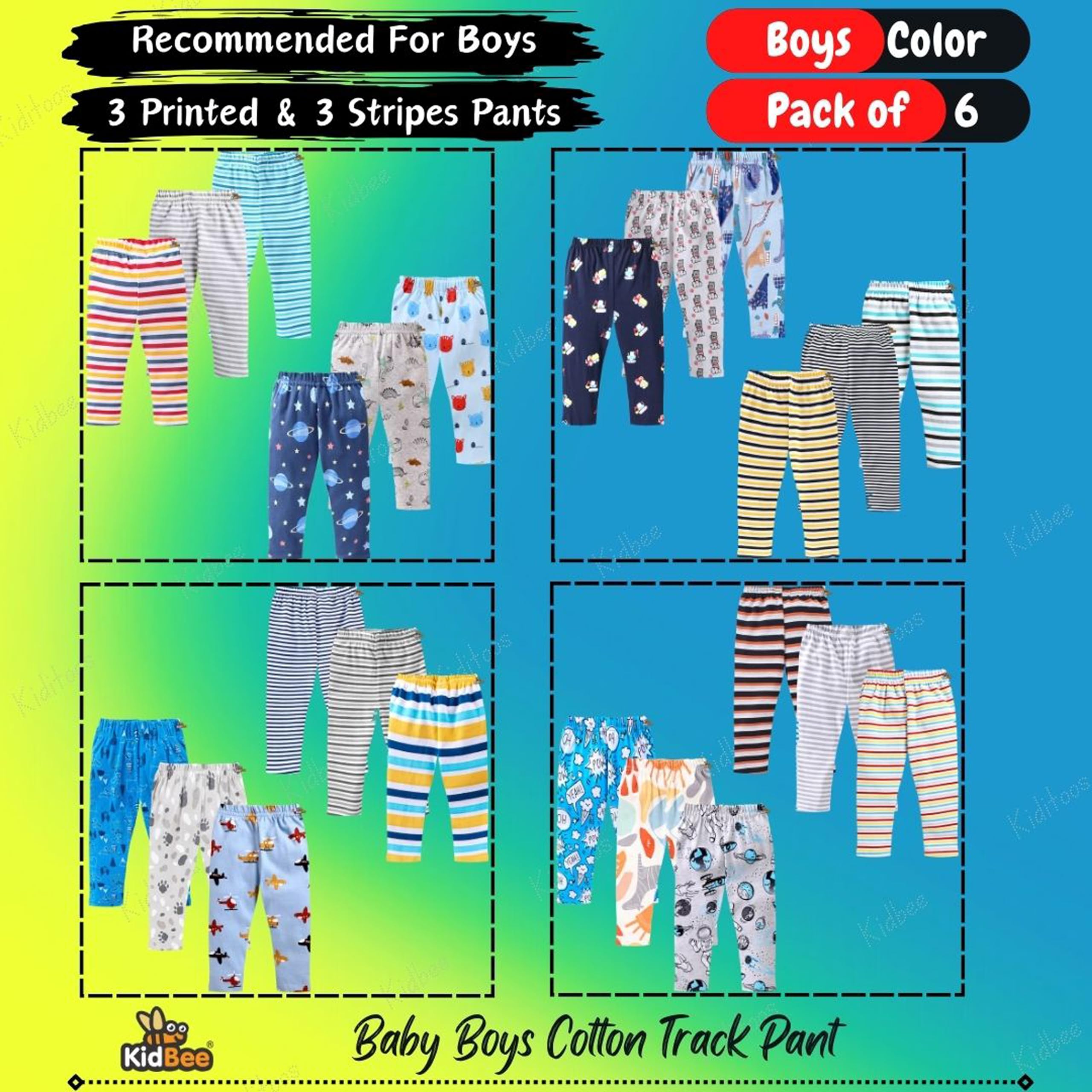 Kidbee Boys & Girls Soft Cotton Pajama Track Pants Printed (Regular Loose Fit) (Pack of 6) (9-10 Years, Boys-Color-6PC-NP) 1