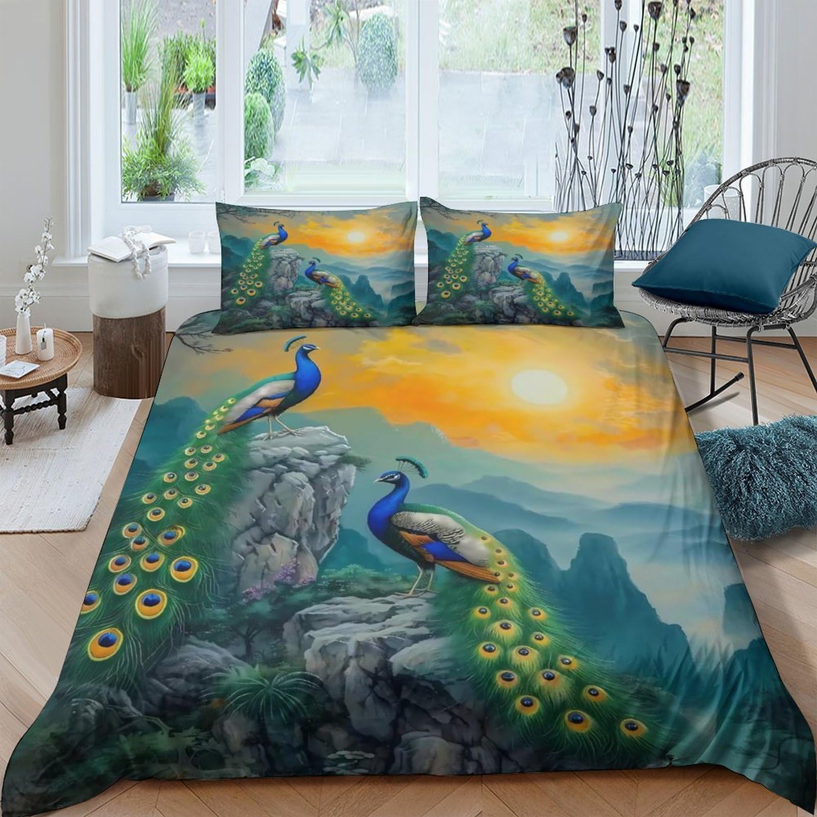 GPLZQXKJNH 3D Printed Sunrise Peacock Duvet Cover Set Microfiber Soft Breathable Green Nature Bedding with 2 Pillowcases Single（135x200cm）