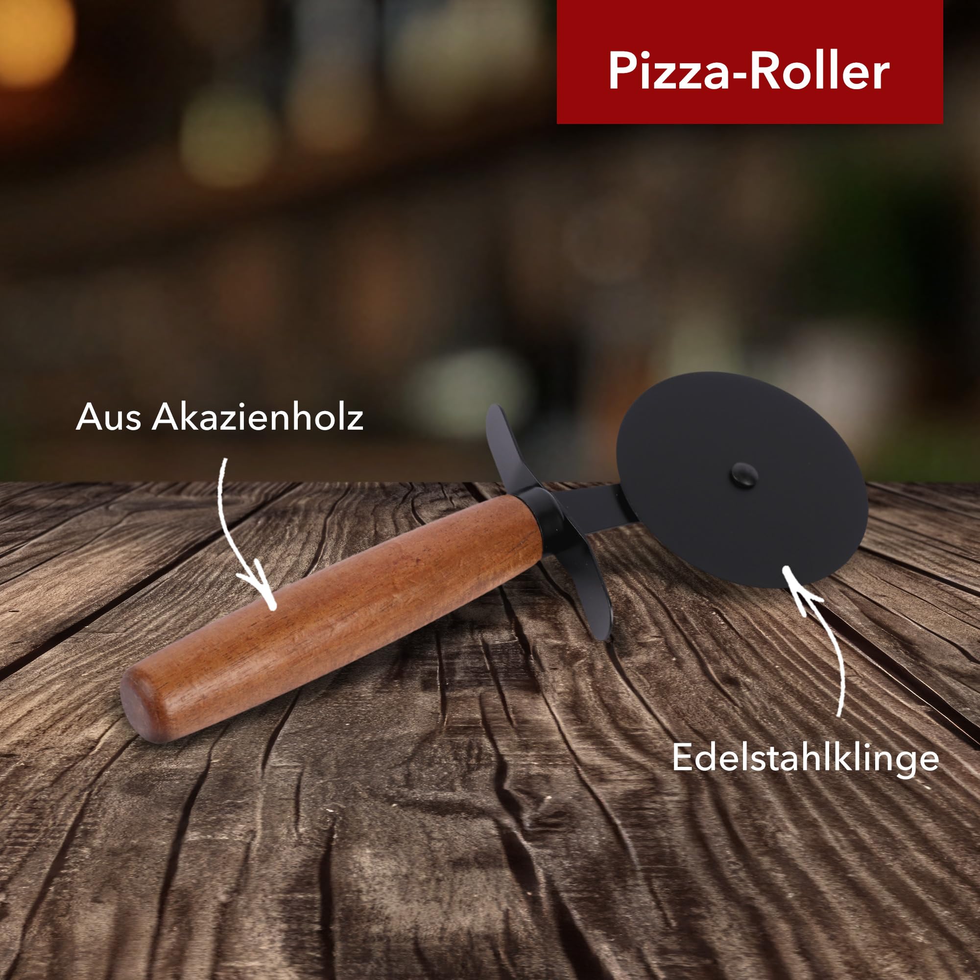 Pizza Set – Schneidebrett aus Holz (Akazienholz) mit Griff und Führungsrillen + Pizzaroller – 30 cm Durchmesser - Pizzateller groß, Servierplatte & Holz Schneidebrett in Einem