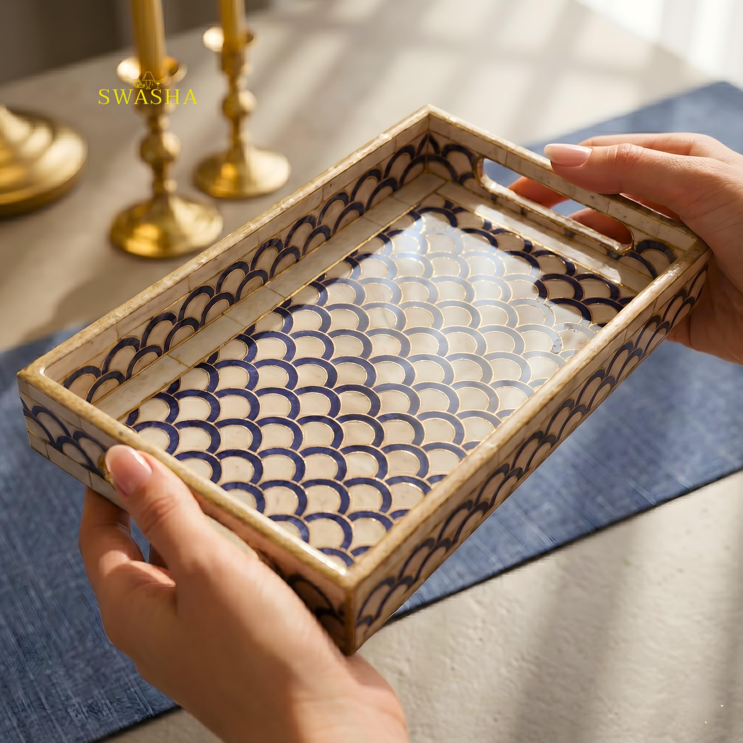 Swasha MDF Resin Decorative Tray, Set of 3, Ivory, Polished Finish, Rectangular, Modern Style, Nesting Serving Trays for Vanity and Dining (Navy Blue Ivory)