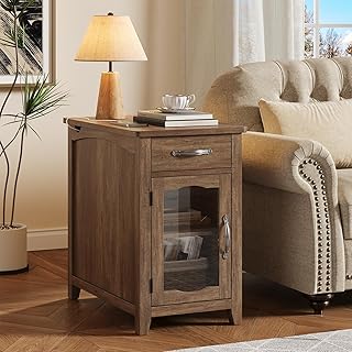 ONBRILL End Table with Charging Station, Narrow Side Table for Living Room, Farmhouse Night Stand with Drawer and Storage Cabinet, Wooden Bedside Table for Small Spaces Living Room, Glass Door (Brown)