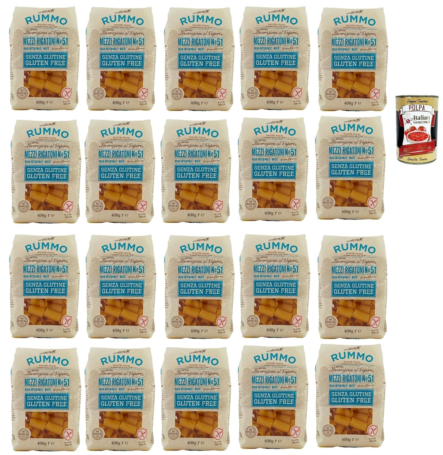 Italian Gourmet Glutenfreie Italian Gourmet Mezzi Rigatoni Nr.51 Pasta | Formato corto rigato per sughi; aus Reis und gelbem Korn, große Packung für, Gesamtnettogewicht 8 kg + Kostenlos Polpa 400g