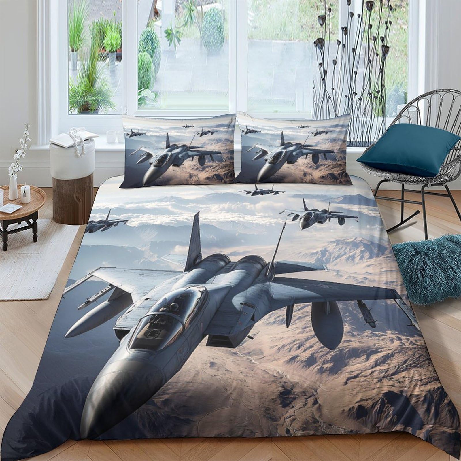 GPLZQXKJNH 3D Printed Fighter Jet Duvet Cover Microfiber Soft Breathable Cloud Sky Bedding Set with 2 Pillowcases for Bedroom Home Single（135x200cm）