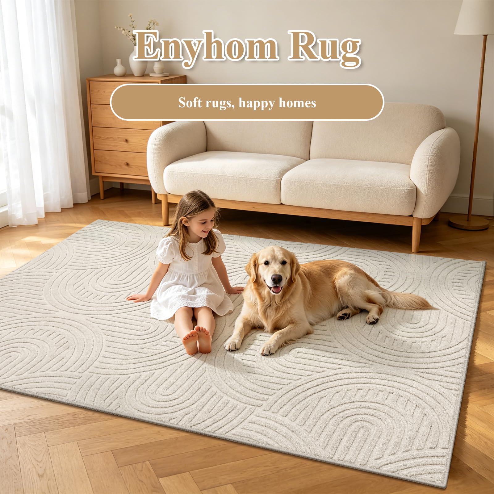 Enyhom Teppich Wohnzimmer Schlafzimmer 3D Optik Kurzflor Skandinavisch Teppiche Weich rutschfest Waschbar Pflegeleicht für Kinderzimmer, Beige Halbkreismuster, 160x230cm