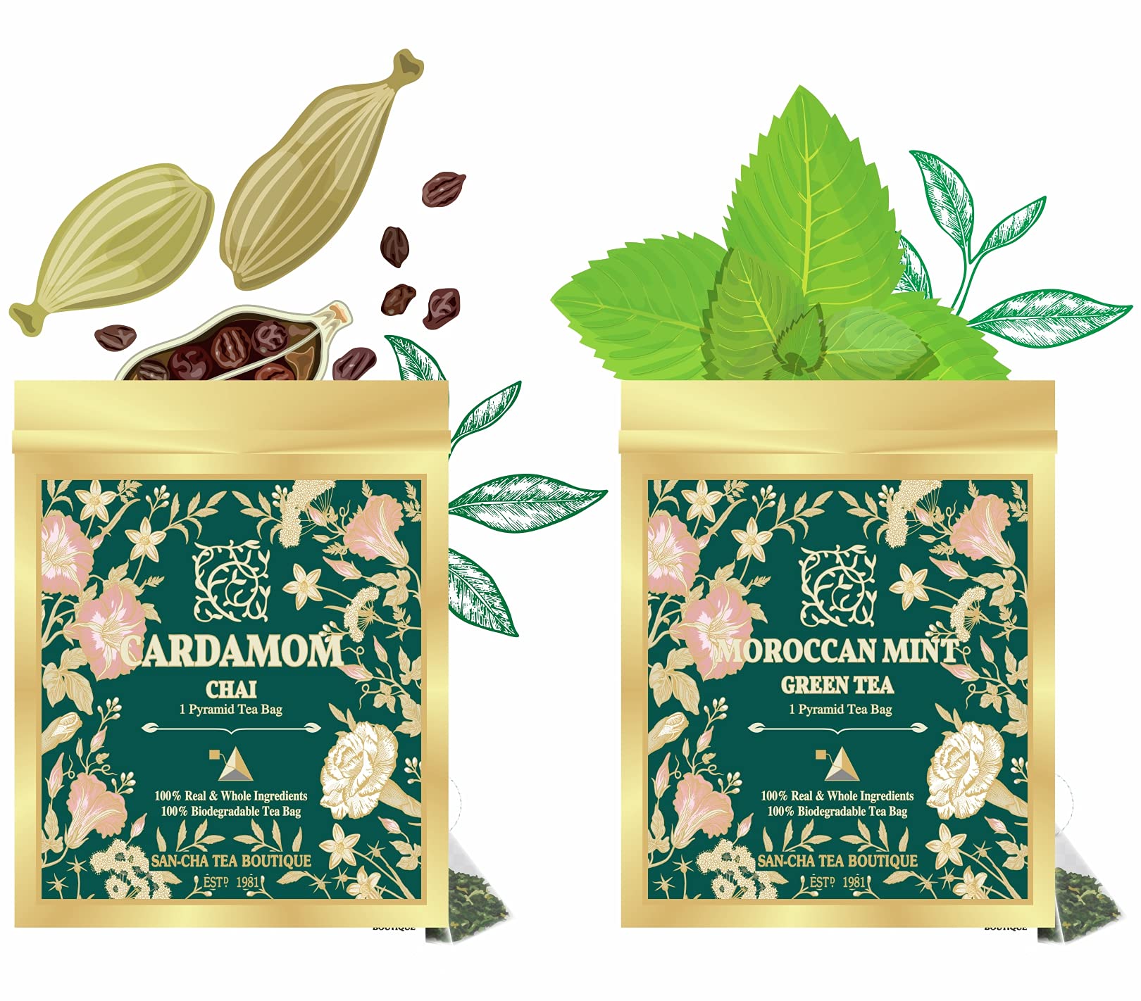 Sancha Tea Boutique Wellness Collection Sampler Box | 16 Premium Pyramid Bags | Herbal, Green & Chai Blends Curated by Master Tea Blender - Image 8 thumbnail