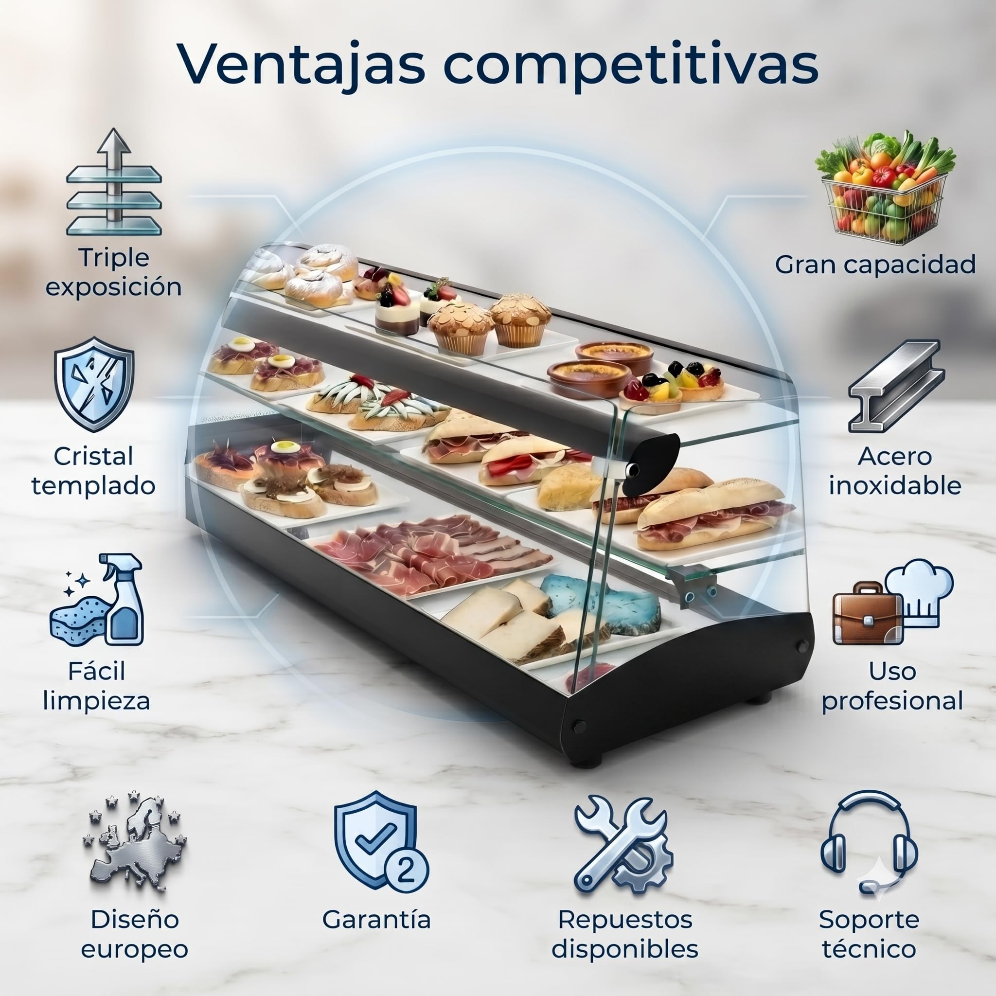 Vitrina Expositora Neutra de Cristal 180,8 x 39 x 34,3 cm, 3 Niveles, Acero Inoxidable, para Bar y Mostrador
