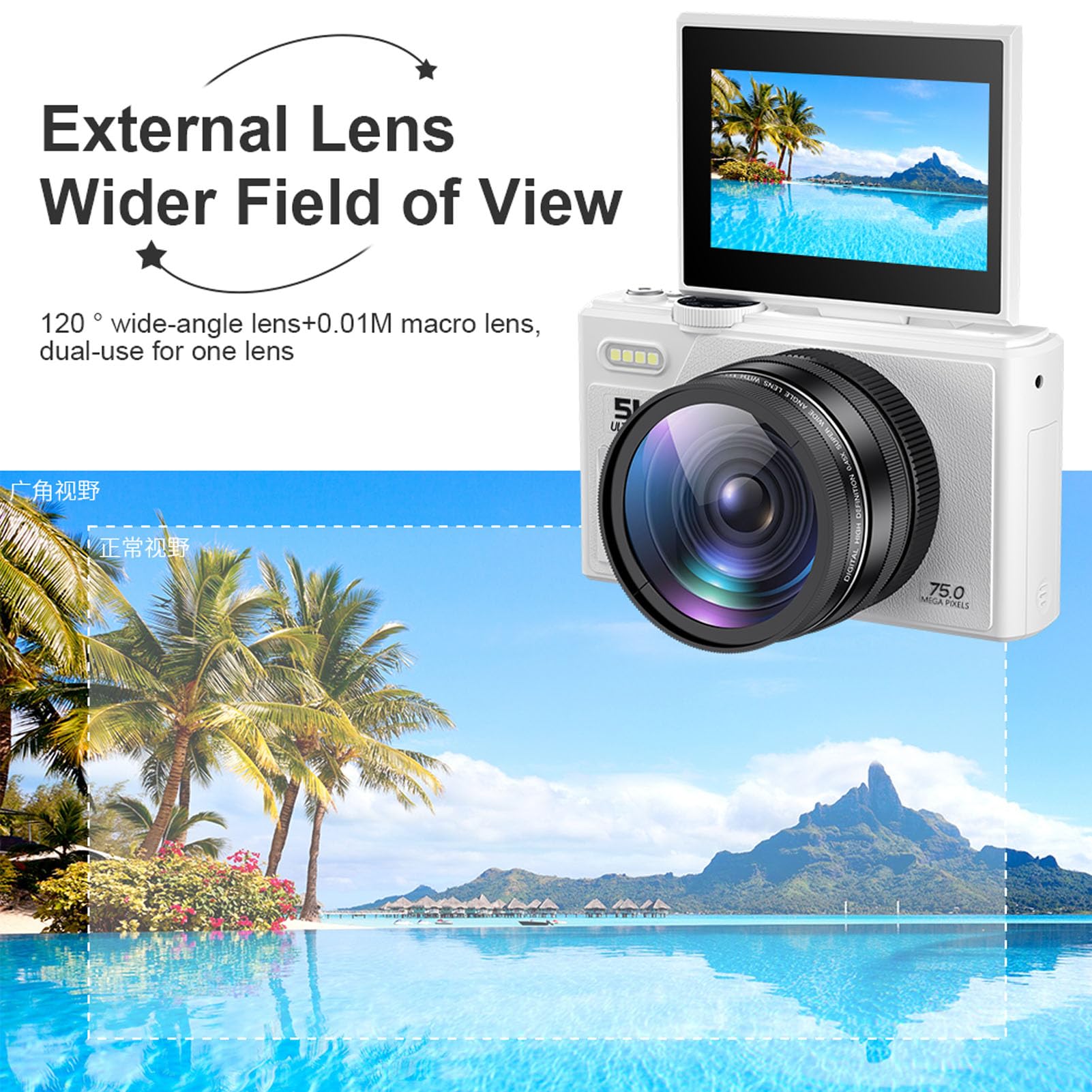 Tangxi Fotocamera Mirrorless 5K, Fotocamera Digitale da 75MP con Zoom Ottico 18X Messa a Fuoco Automatica, per Vlogging con Rilevamento Sorriso Antivibrazioni e Supporto Flip (WHITE)
