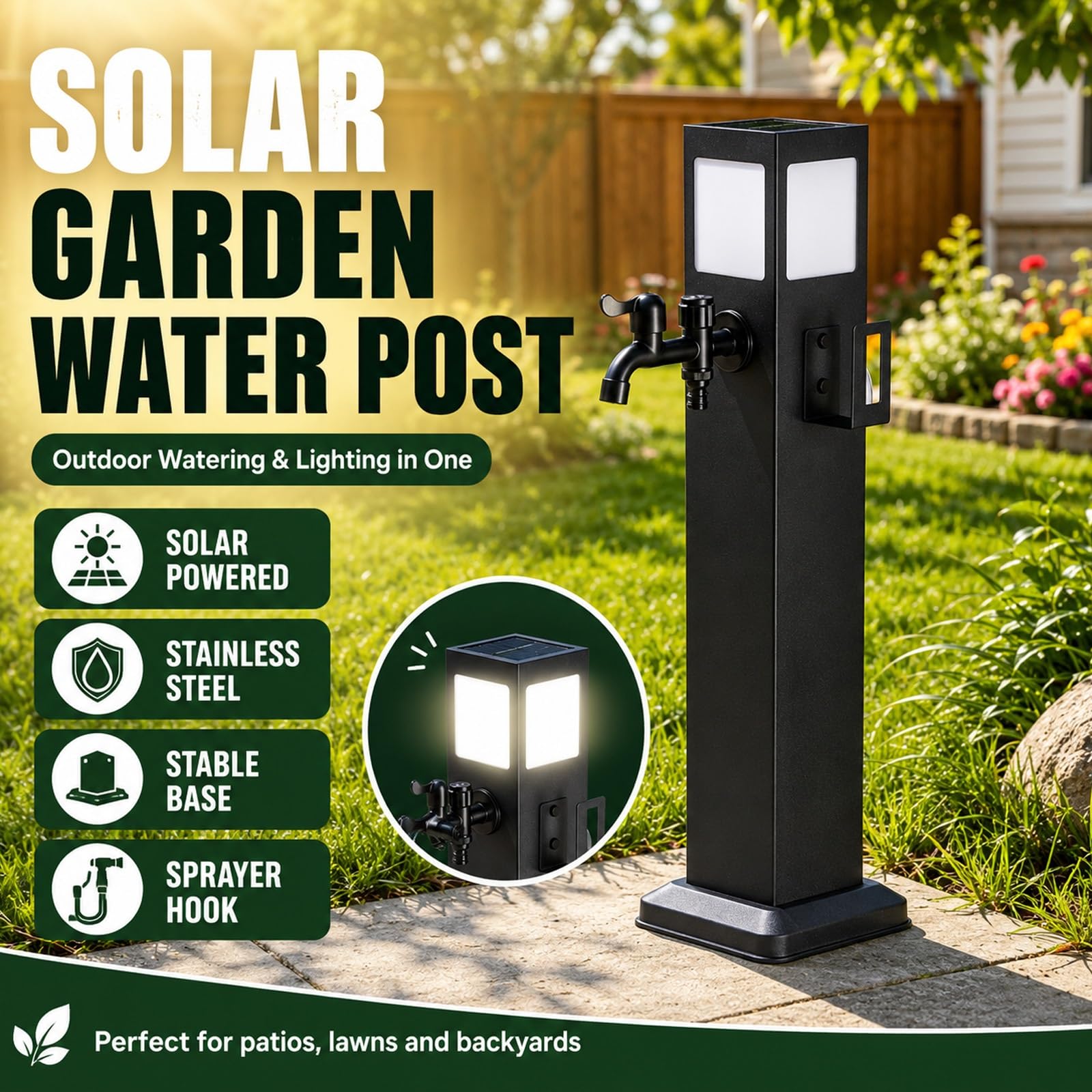 Columna de agua para exteriores con grifo, columna de acero inoxidable estación de toma de agua resistente a las heladas con luz solar para jardín, césped o patio