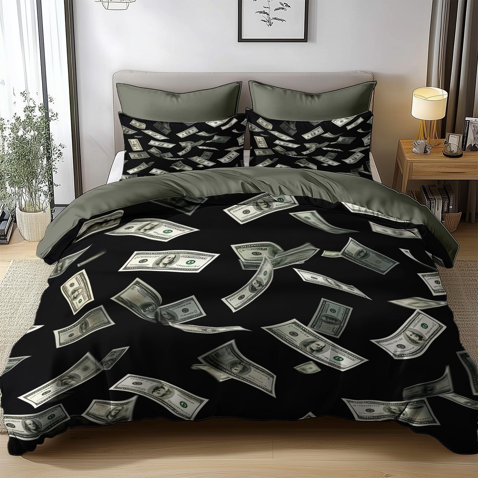 Duvet Cover Realism Dollar Bills 135 x 200 cm Bedding Set With Zipper Closure, for Kids Teens and Adults Bedroom Decor, Olive Green Breathable Soft Quilt Cover