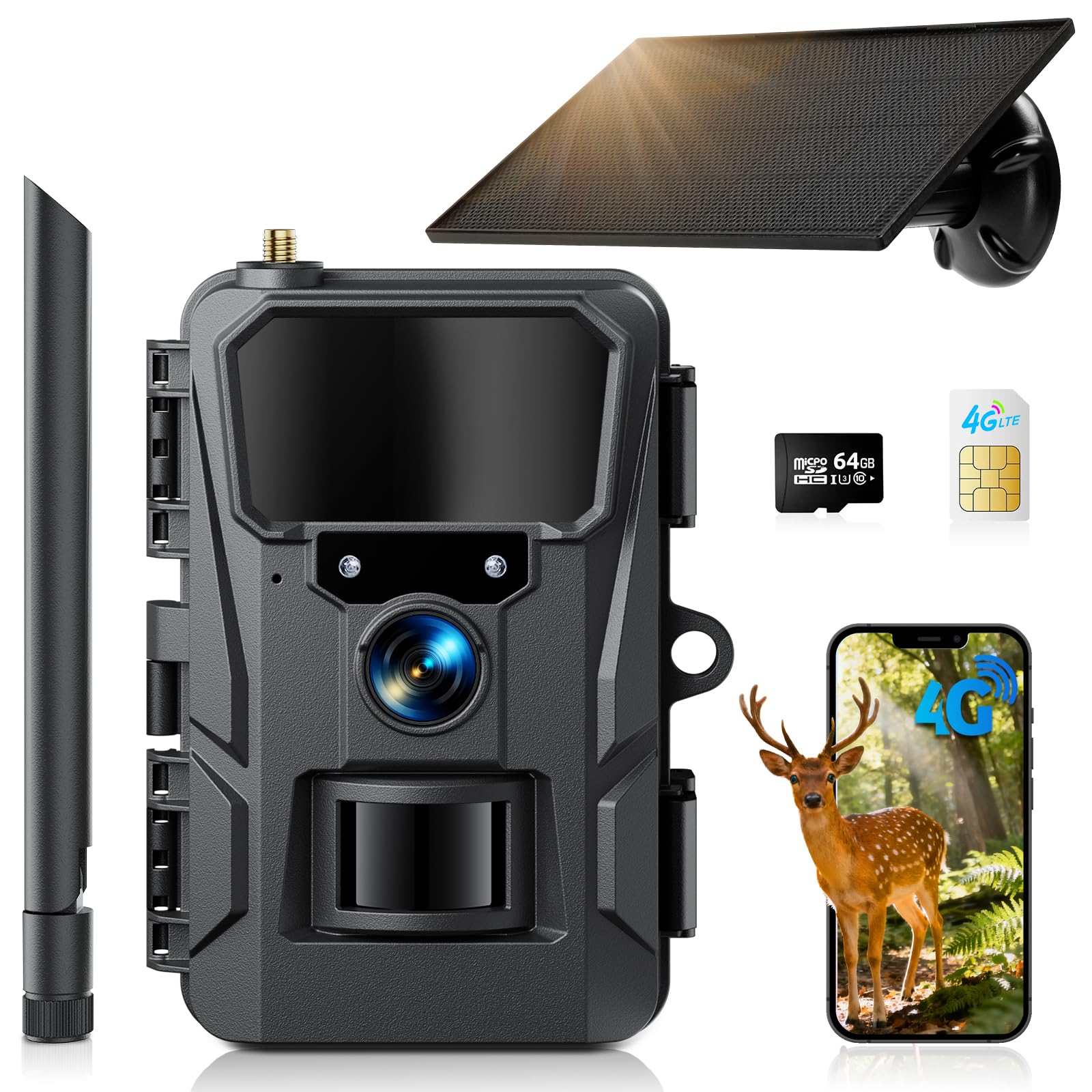 Wolfang Black 4G Lte Cellular Wildlife Camera Solar Powered, 2K 48Mp Trail Camera With 5200 Mah Battery, 2.0' Display, App Control, Night Vision, 0.2S Trigger Motion Activated, Ip66 Waterproof