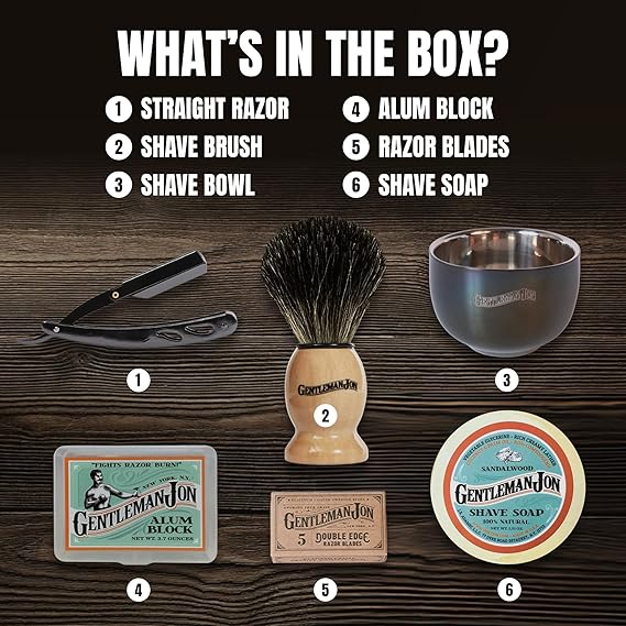 Gentleman Jon Straight Razor Shaving Kit - Vintage Wet Shave Grooming Set, Includes Straight Edge Razors for Men, Badger Hair Shaving Brush, Alum Block, Shave Soap, Bowl & Double Edge Safety Blades