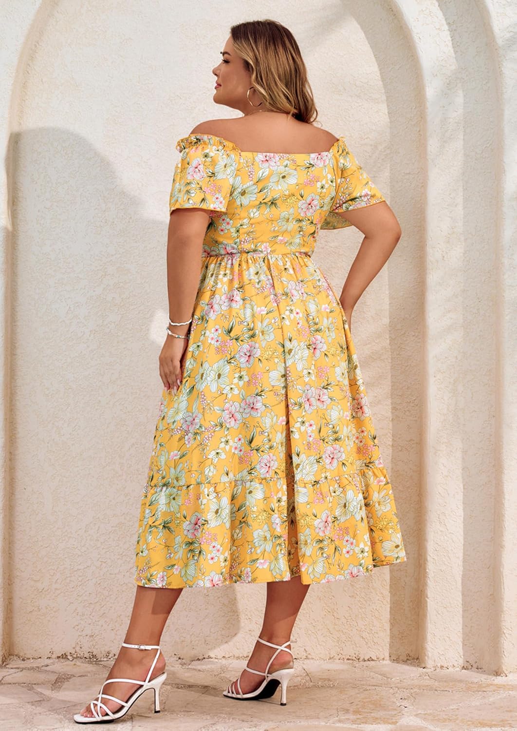 Hanna Nikole Women's Plus Size Summer Maxi Dress Short Sleeve Smocked Square Neck Casual Floral Flowy Dresses with Pockets - Image 2