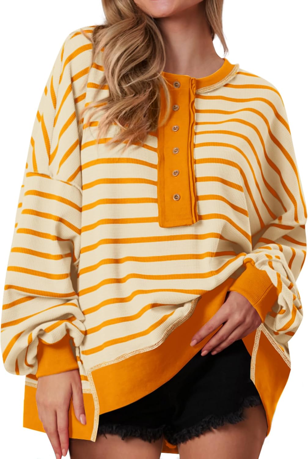 PRETTYGARDEN Womens Fall 2026 Striped Oversized Sweatshirt Long Sleeve Button Up Henley Neck Waffle Knit Pullover Tunic Tops