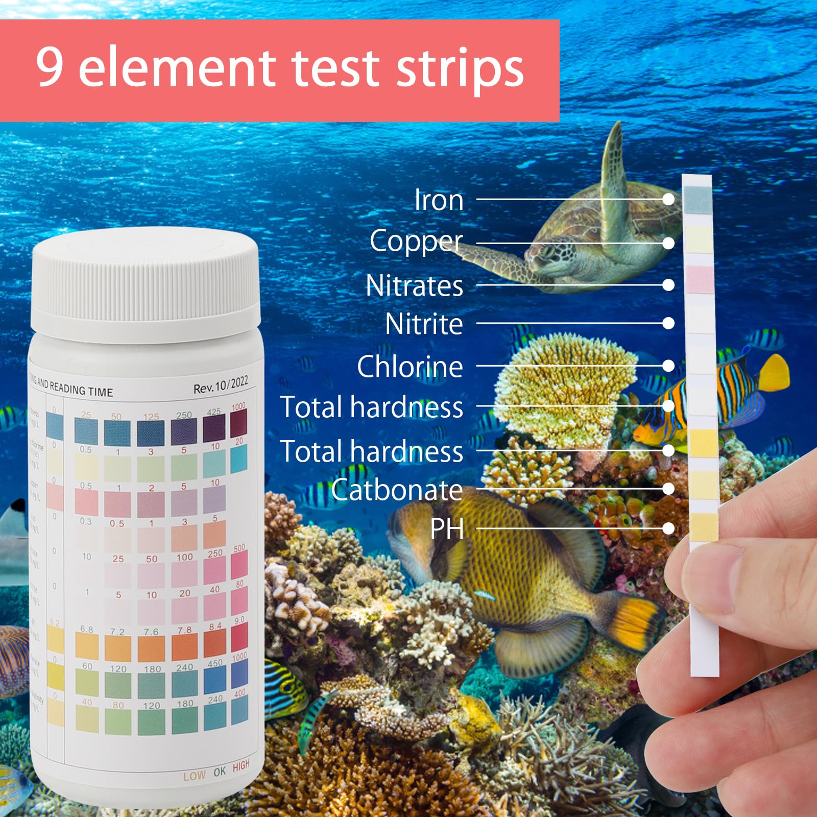 Strisce Reattive 9 In 1 Per Acquario - Test Acqua Per Ferro, Rame, Nitrati, PH E Altri Parametri