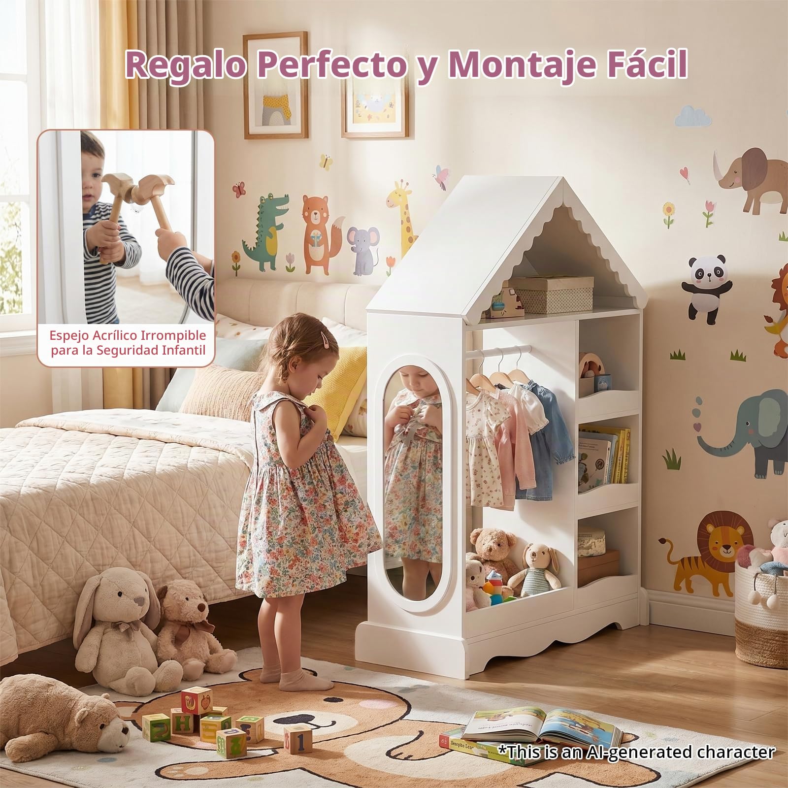VOWNER Armario Infantil con Espejo, Armario de Ropa con Tejado, Perchero Infantil, Guardarropa Infantil, Mueble Montessori (Blanco)