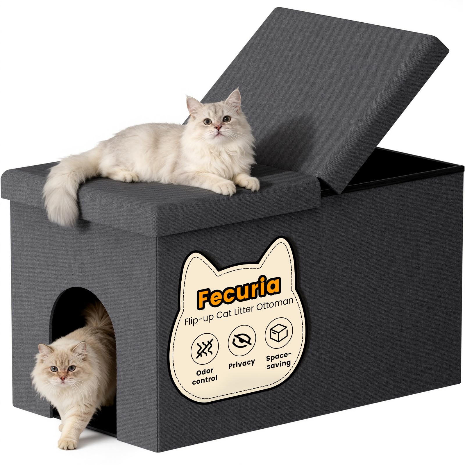 3-in-1 Cat Litter Box Enclosure with Odor Control, Multi-Functional Hidden Litter Box Furniture Bench, Dog Proof, Space-Saving Ottoman Cabinet with Flip-Up Lid, Storage Footrest, Dark Grey