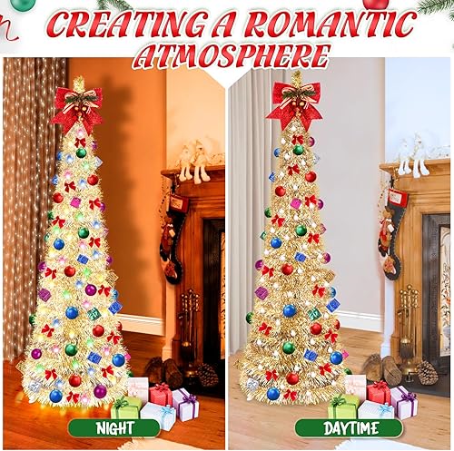Miniatura 3 de Árbol de Navidad desplegable, árbol de Navidad plegable de 5 pies con 30 luces LED multicolor, árbol de Navidad con bola de lazo, caja de regalo