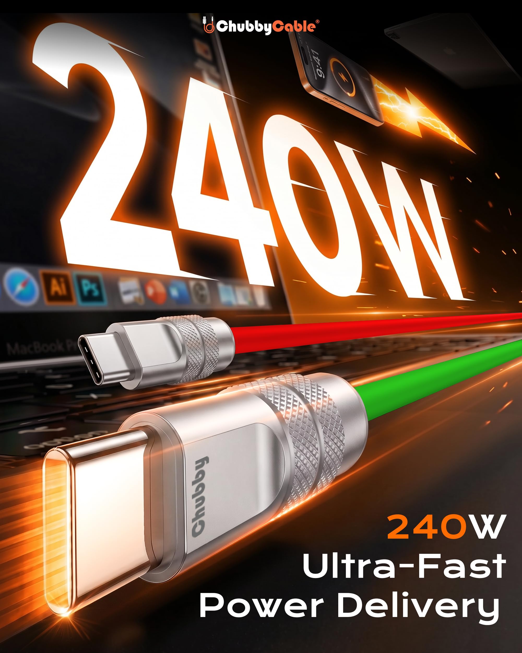 chubbycable Couple Chubby - Confezione da 2 cavi USB C da 240 W, cavo di ricarica rapida in silicone extra spesso, compatibile con iPhone serie 16/15, iPad Galaxy, grigio+giallo, da tipo C a tipo C, 3