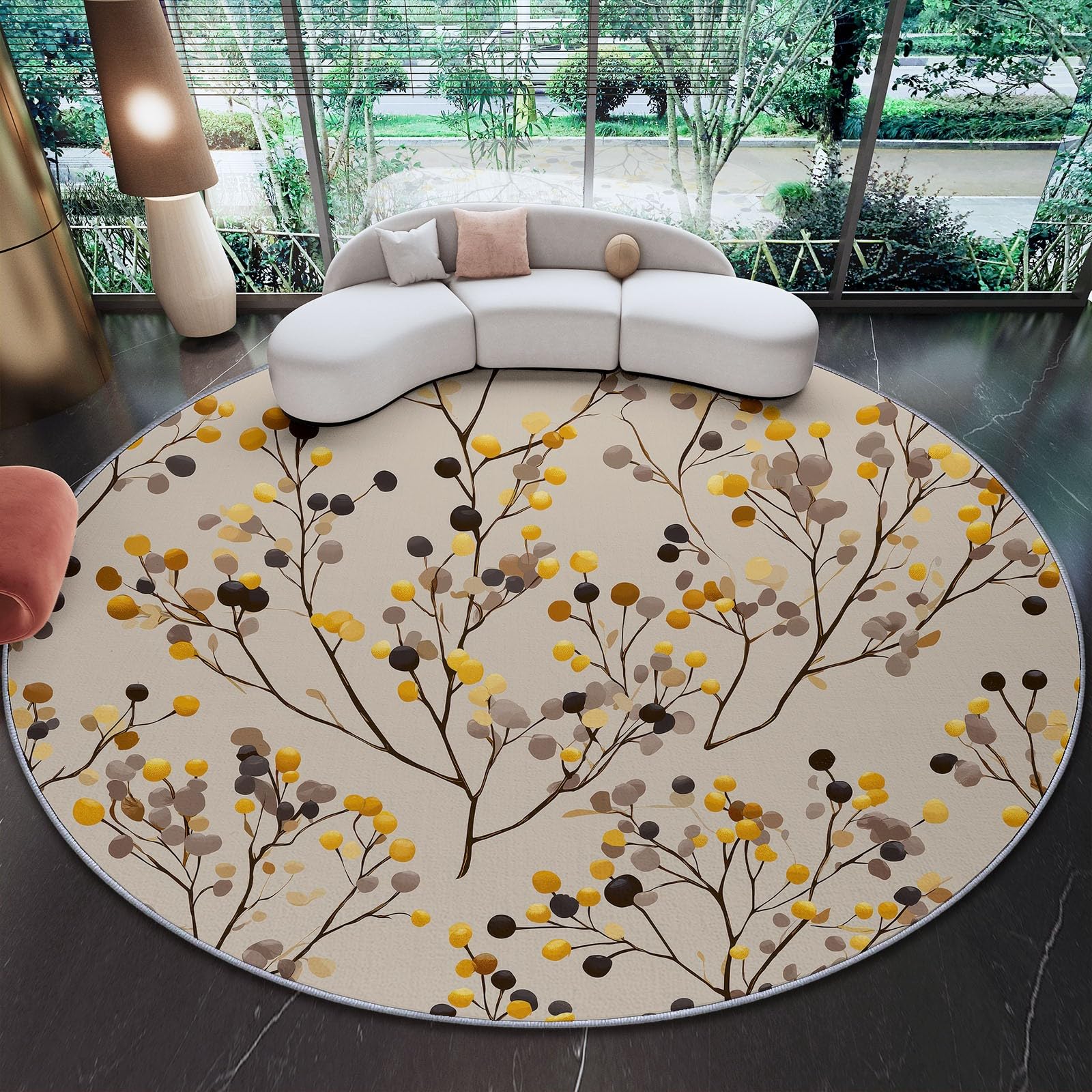 Tapis rond 150 cm lavable machine jaune au motif de branches naturelles