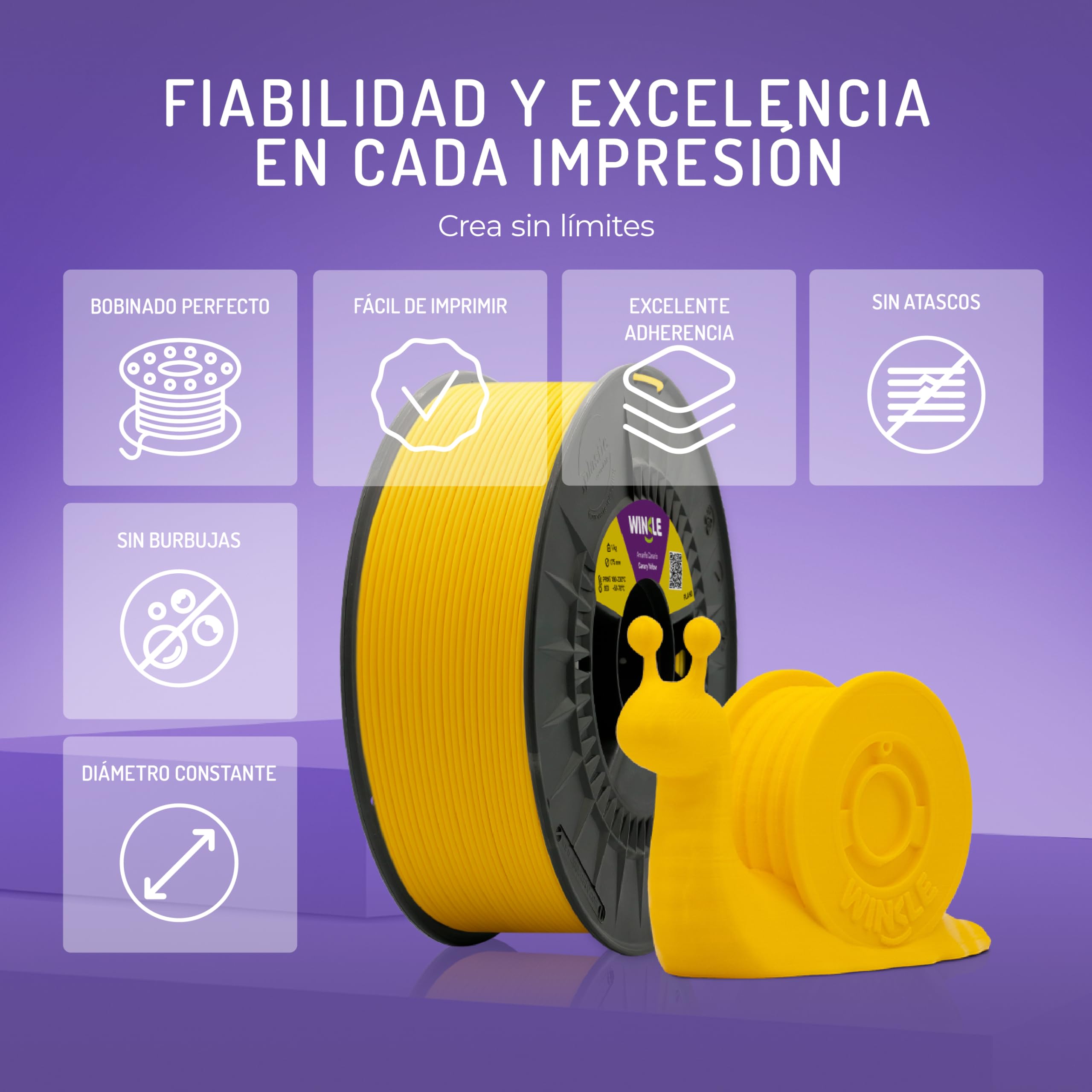 WINKLE Filamento PLA HD Amarillo Canario 1,75mm 300g Bobina Compatible Impresoras 3D