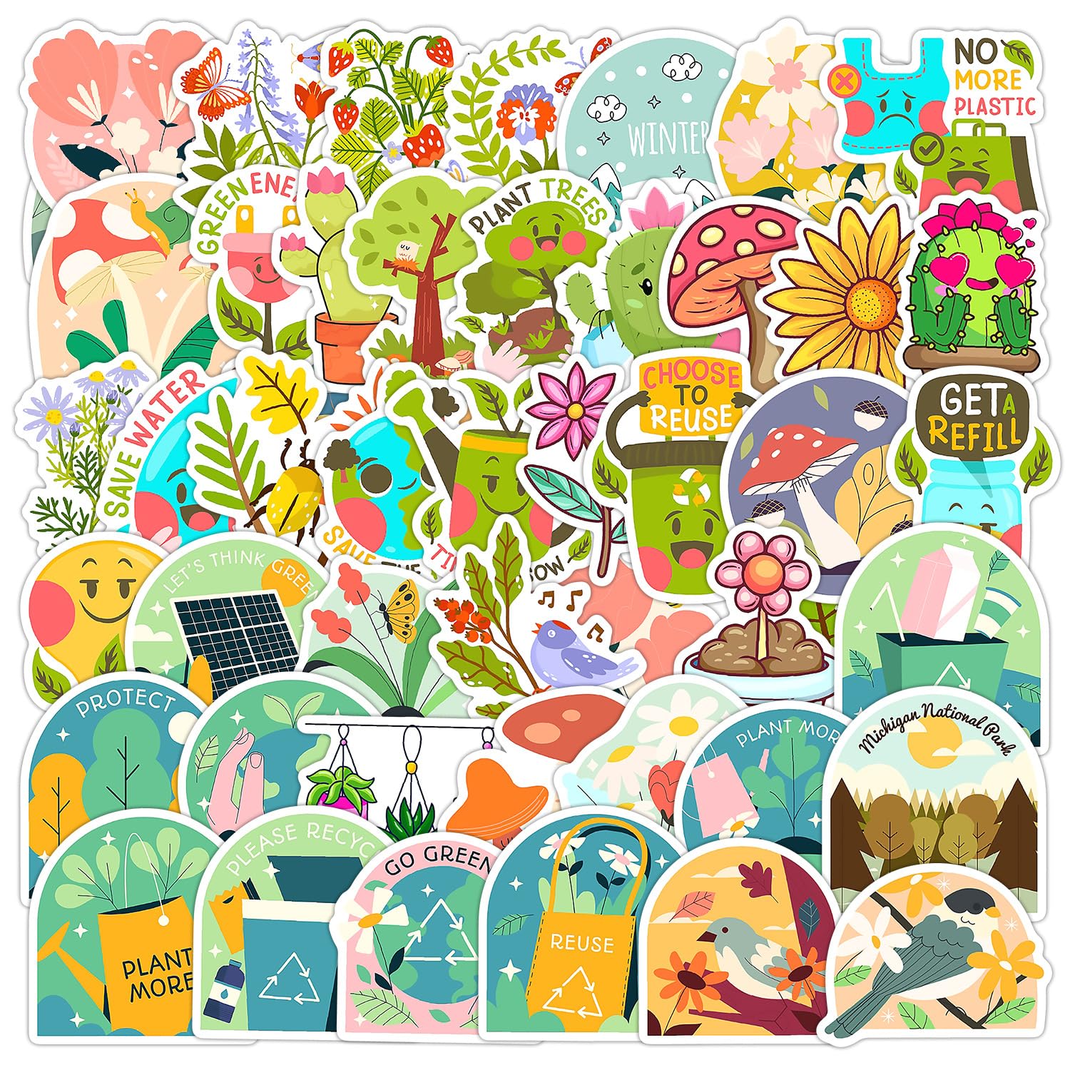 50 Pcs Take Care of Nature Stickers for Phone,Guitar,Laptop,Skateboard,Luggage,Bicycle,Cherish Nature Cute Style Stickers Waterproof Vinyl,Graffiti Decorate for Teens Girls Boys Child Motivate Gift