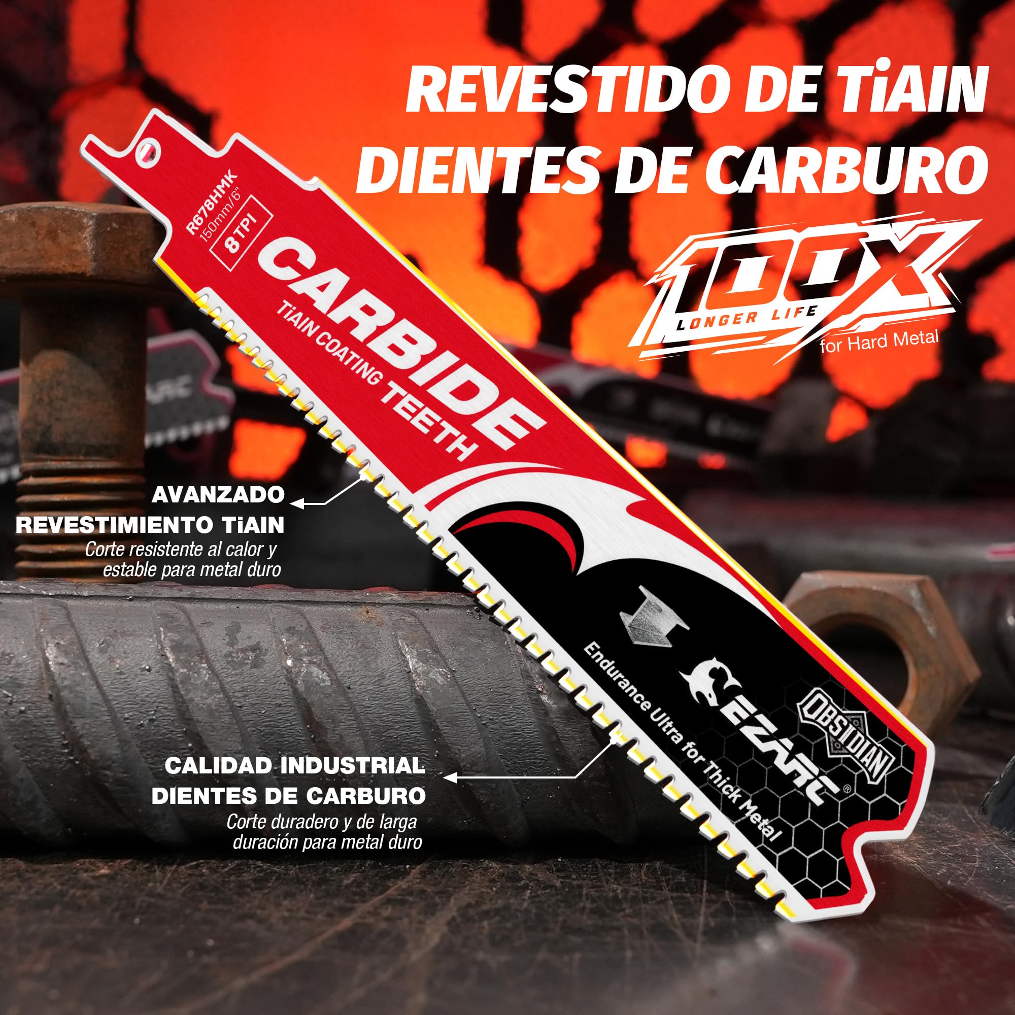 Hoja de sierra recíproca EZARC Obsidian Carbide (Pro) R678HMK 8TPI Endurance Ultra para metal grueso, hierro fundido, acero aleado 150 mm, paquete de 3