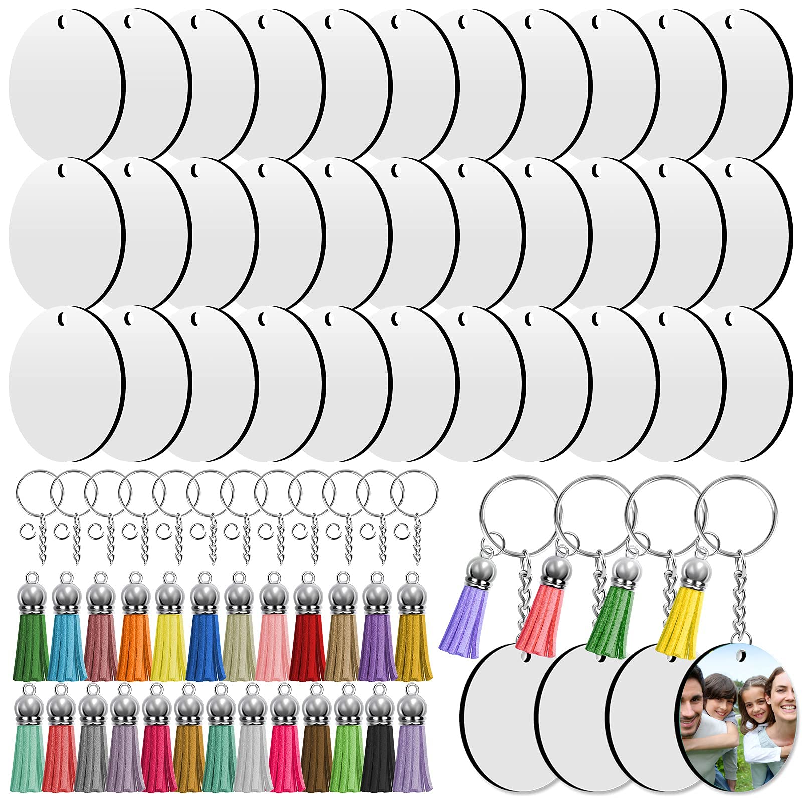 Juego de 200 llaveros de sublimación en blanco, incluye 50 piezas de transferencia de calor en blanco de sublimación de doble cara, llaveros, borlas de cuero, anillos de salto para hacer manualidades