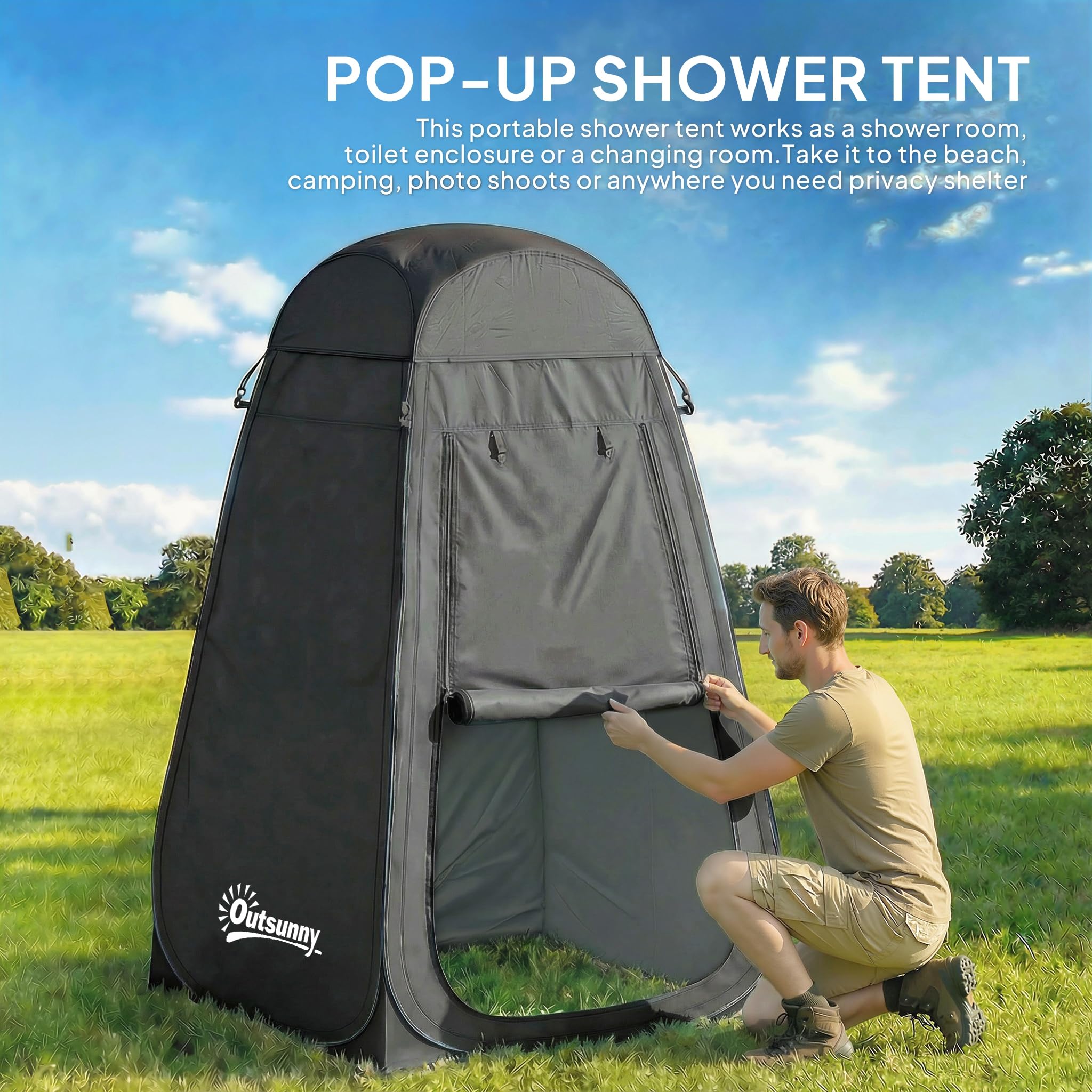 Outsunny Pop Up Shower Tent, Portable Camping Hiking Toilet Privacy Shelter with Mesh Windows, Zipper Door, and Carrying Bag for Outdoor Changing, Dressing Fishing, Bathing - 4