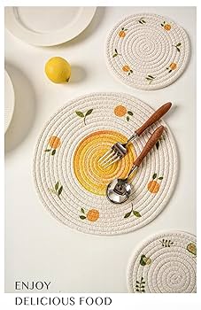 フルーツのコースター　鍋しき Amazon｜鍋敷き 手編み 耐熱鍋敷き 丸型 綿 フルーツ柄 直径11