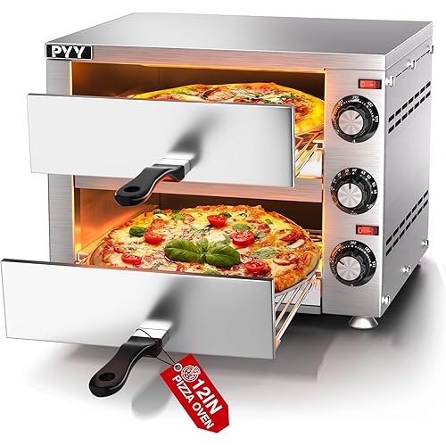 PYY Countertop Pizza Oven 12 Inch Electric Indoor Pizza Oven Commercial Stainless Steel 2-Layers Pizza Cooker with Timer for Home Restaurant (Grey)