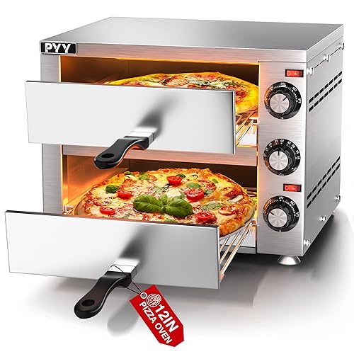 PYY Horno de pizza de 12 pulgadas, horno eléctrico de pizza para interiores, de acero inoxidable, comercial, 2 capas, con temporizador, para