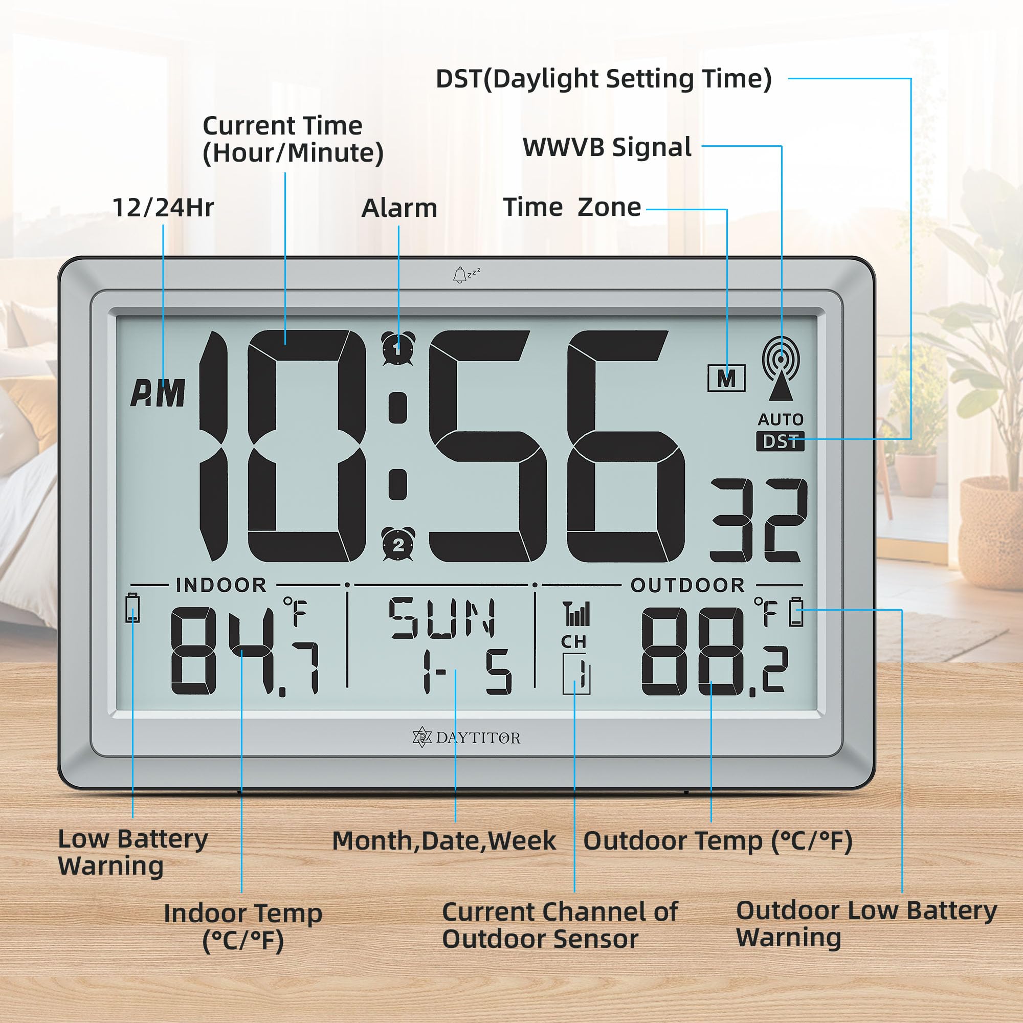 Orologio atomico con temperatura interna/esterna, orologio digitale automatico a batteria, grande display da 10,5 pollici, orologi da parete o da scrivania per camera da letto, soggiorno