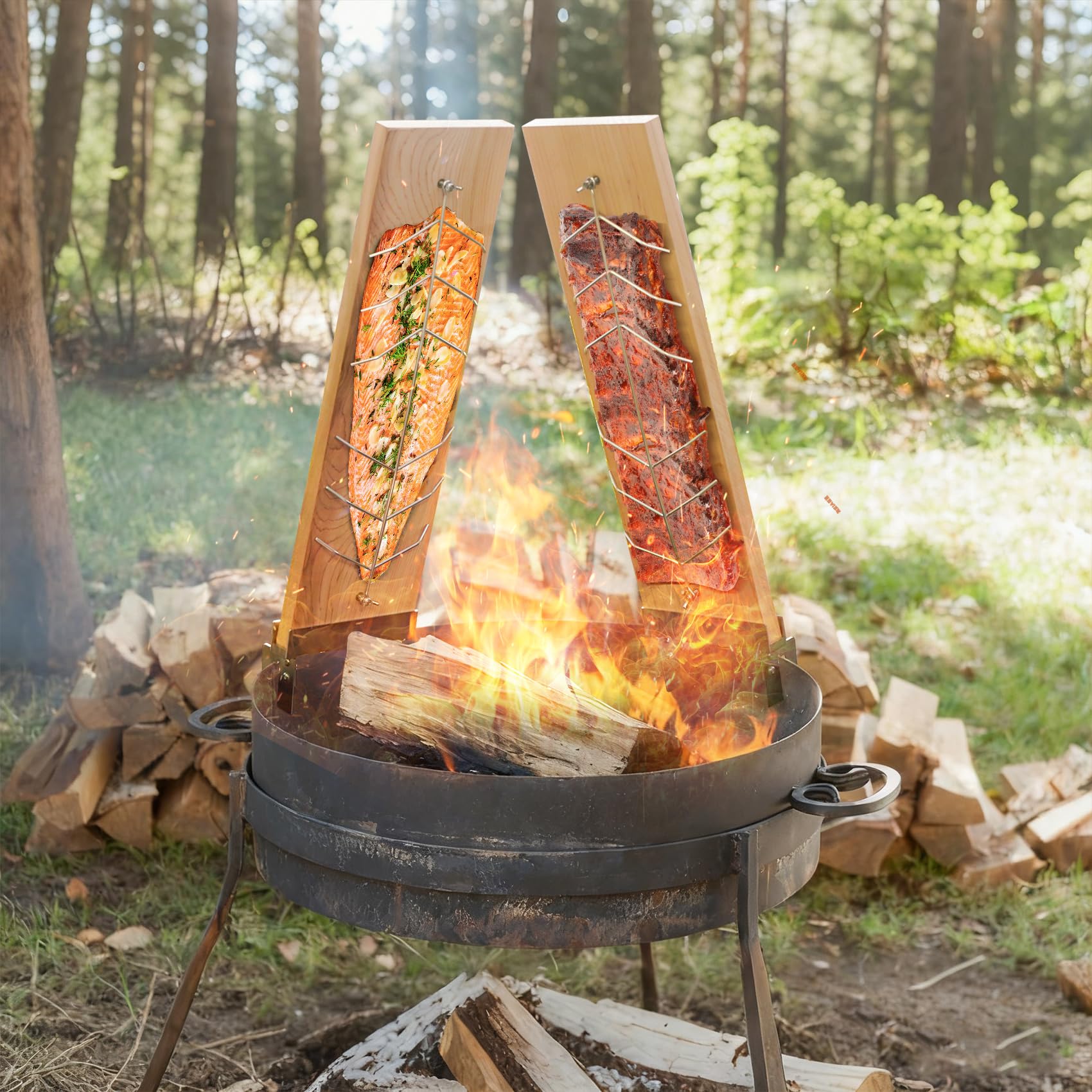onlyfire Flammlachsbrett, 2er Set Flammlachsbretter mit 4-Fach Verstellbare Edelstahl-Halterung, Grillzubehör für Feuerschalen und Kugelgrill, Beidseitig Verwendbar, Wiederverwendbar