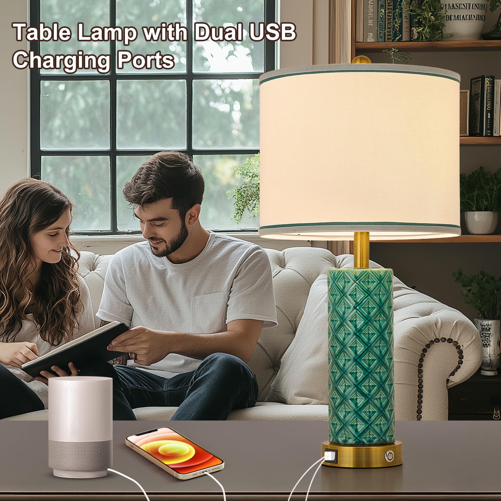 Set di 2 lampade da tavolo per soggiorno, camera da letto, fattoria, 66 cm, controllo touch, lampade in ceramica turchese, 3 vie, dimmerabili, con porte USB A+C, paralume in lino per la casa