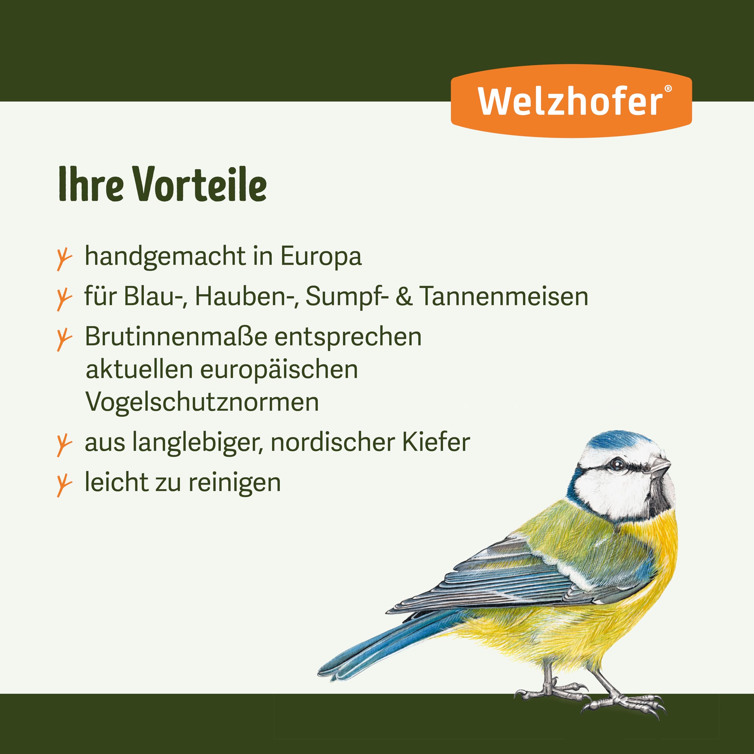 Nistkasten Robbi, Vogelhaus mit 28mm Einflugloch, handgemacht in Europa, für Blau-, Hauben-, Sumpf- und Tannenmeisen, katzensicheres Vogelhaus