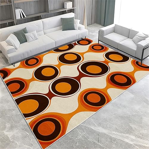 Alfombra retro de mediados de siglo, color marrón y naranja, alfombra de área con patrón geométrico de los años 70 para sala de estar, dormitorio,