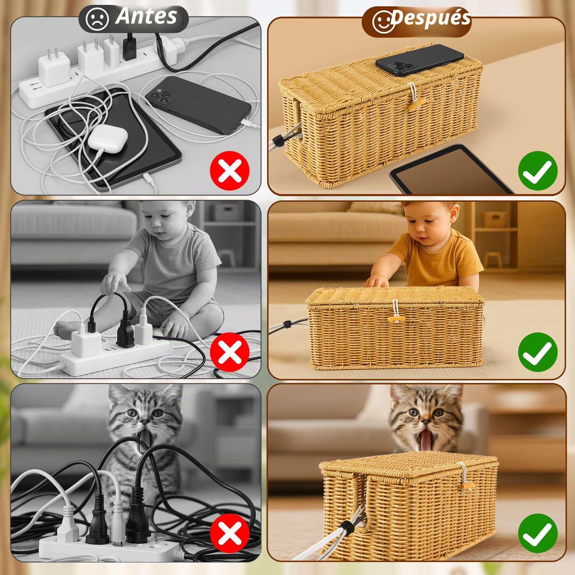 Gucass Juego de 2 Organizadora Cables de Ratán, Cajas Guarda Cables con Tapa, Caja para Cables con 10 Bridas, Organizador Cables Caja para Ocultar Regletas de Enchufes y Cables, para Oficina, Hogar
