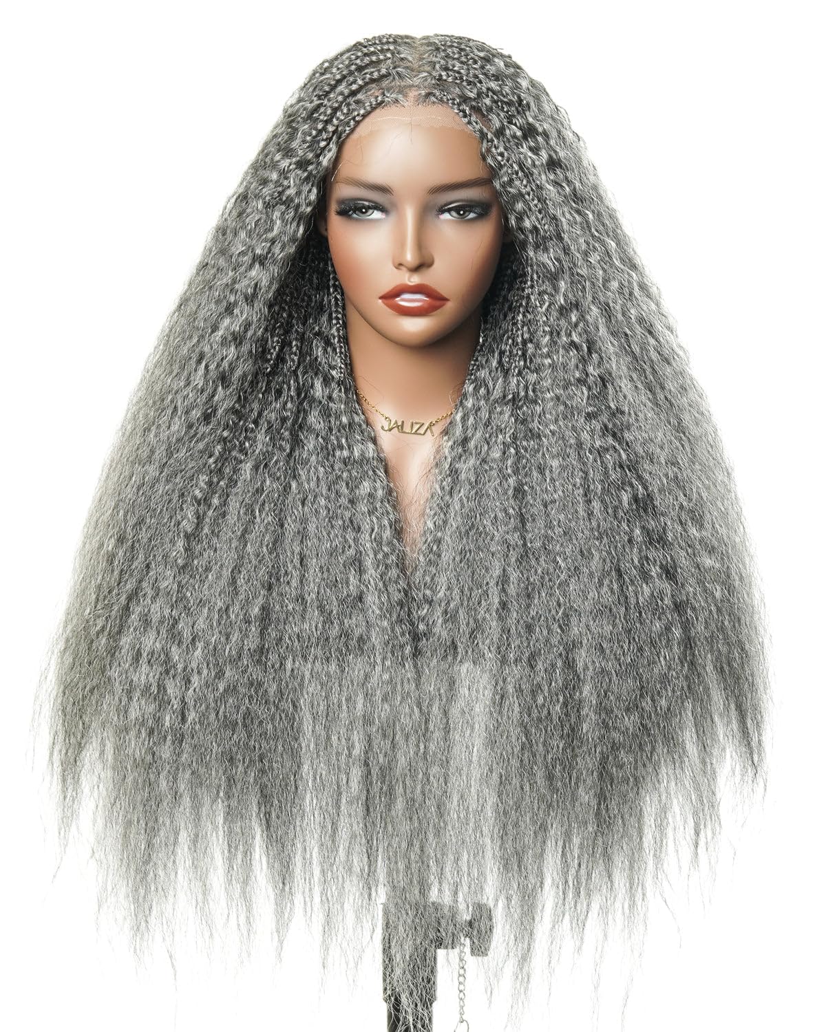 JALIZA 28" Kinky Straight Virgin Human Hair Ultra Full Boho Box Braided Wig - Full Lace Swiss HD Lace, 121 Strands (Salt & Pepper,Small size 21.25") Salt & Pepp