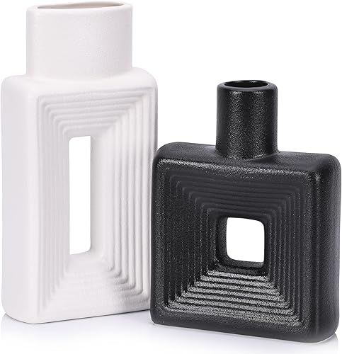 Miniatura 7 de Juego de 2 jarrones de cerámica mate, cuadrados con agujeros acanalados para decoración rústica del hogar, jarrones decorativos cuadrados para