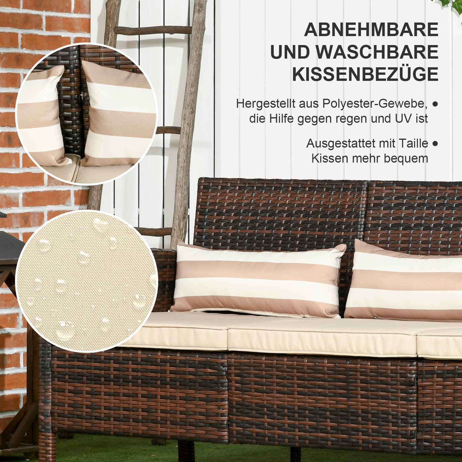 Outsunny Rattan Sofa mit Kissen, Dreisitzer, Garten Loungesofa, Stahl, Braun, 173 x 68 x 78 cm