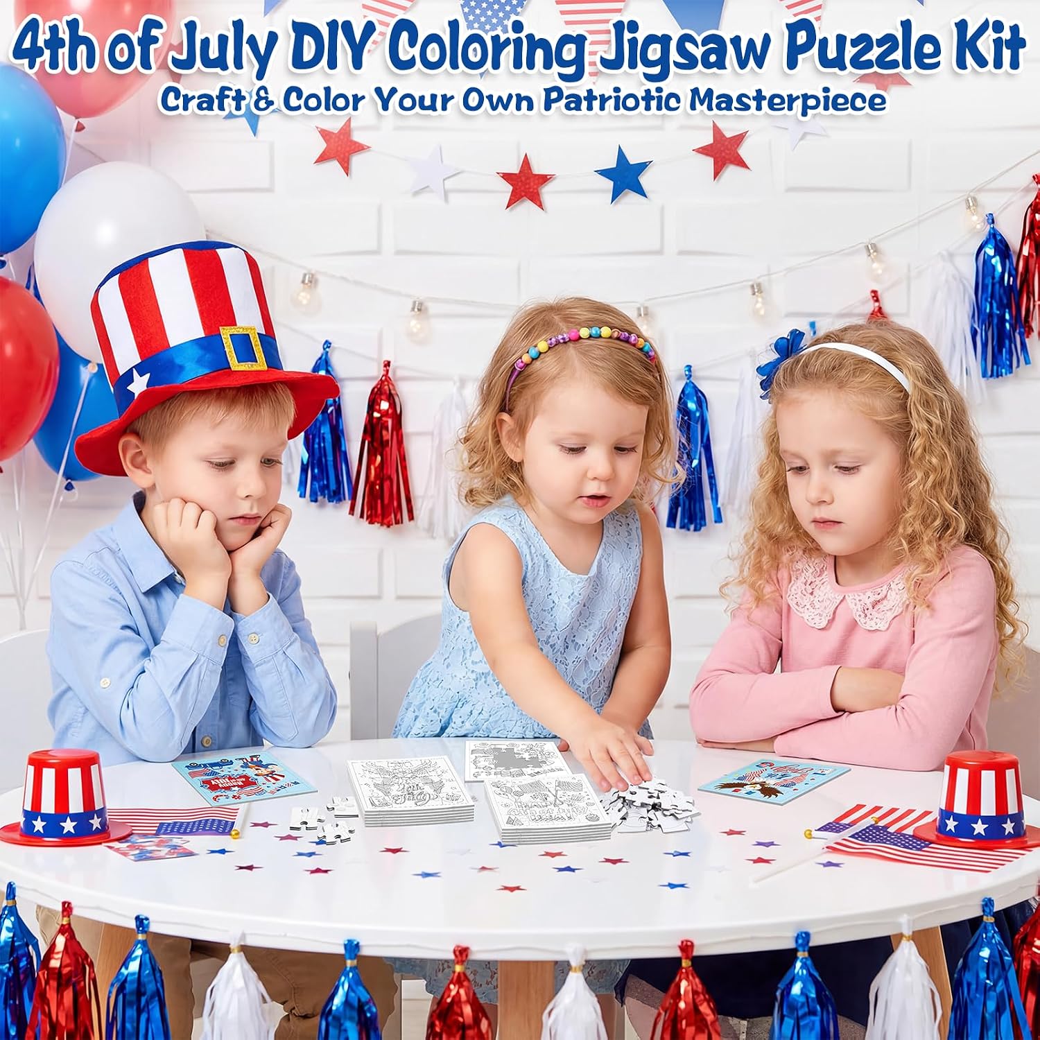 Fennoral 24 Pack 4th of July Craft Kit for Kids Color You Own Patriotic Jigsaw Puzzle DIY Coloring Independence Day Art and Craft for Classroom Activity Party Favor Supplies